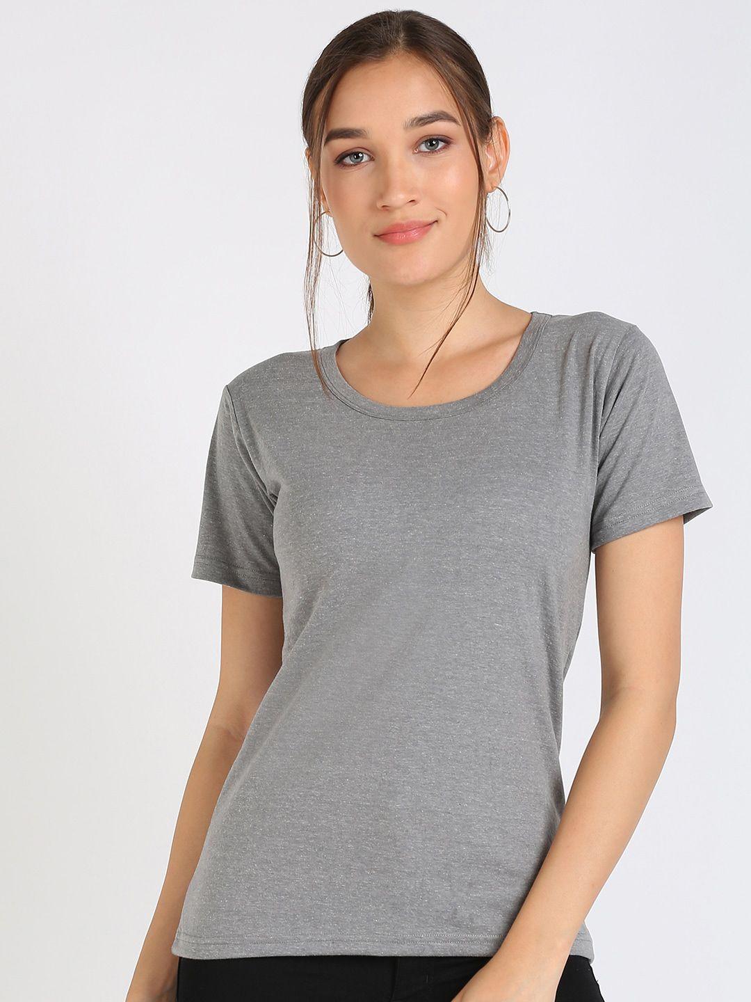vahson women grey v-neck drop-shoulder sleeves pure cotton pockets slim fit t-shirt