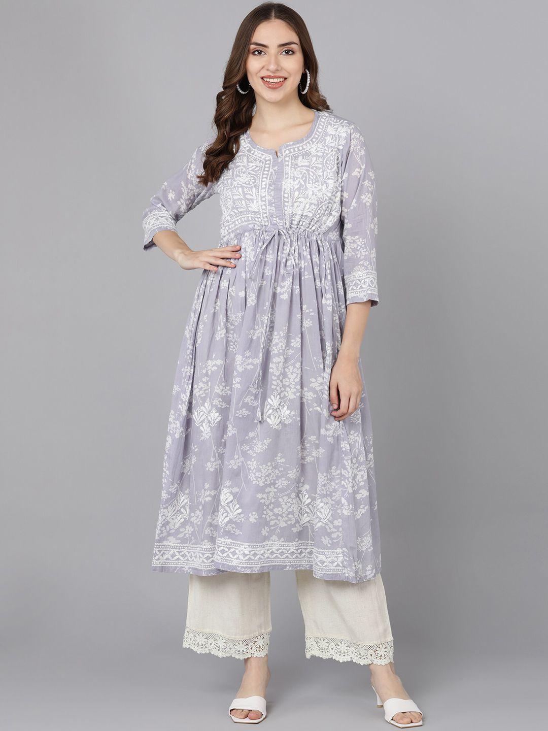 vahson women lavender floral embroidered thread work floral anarkali kurta