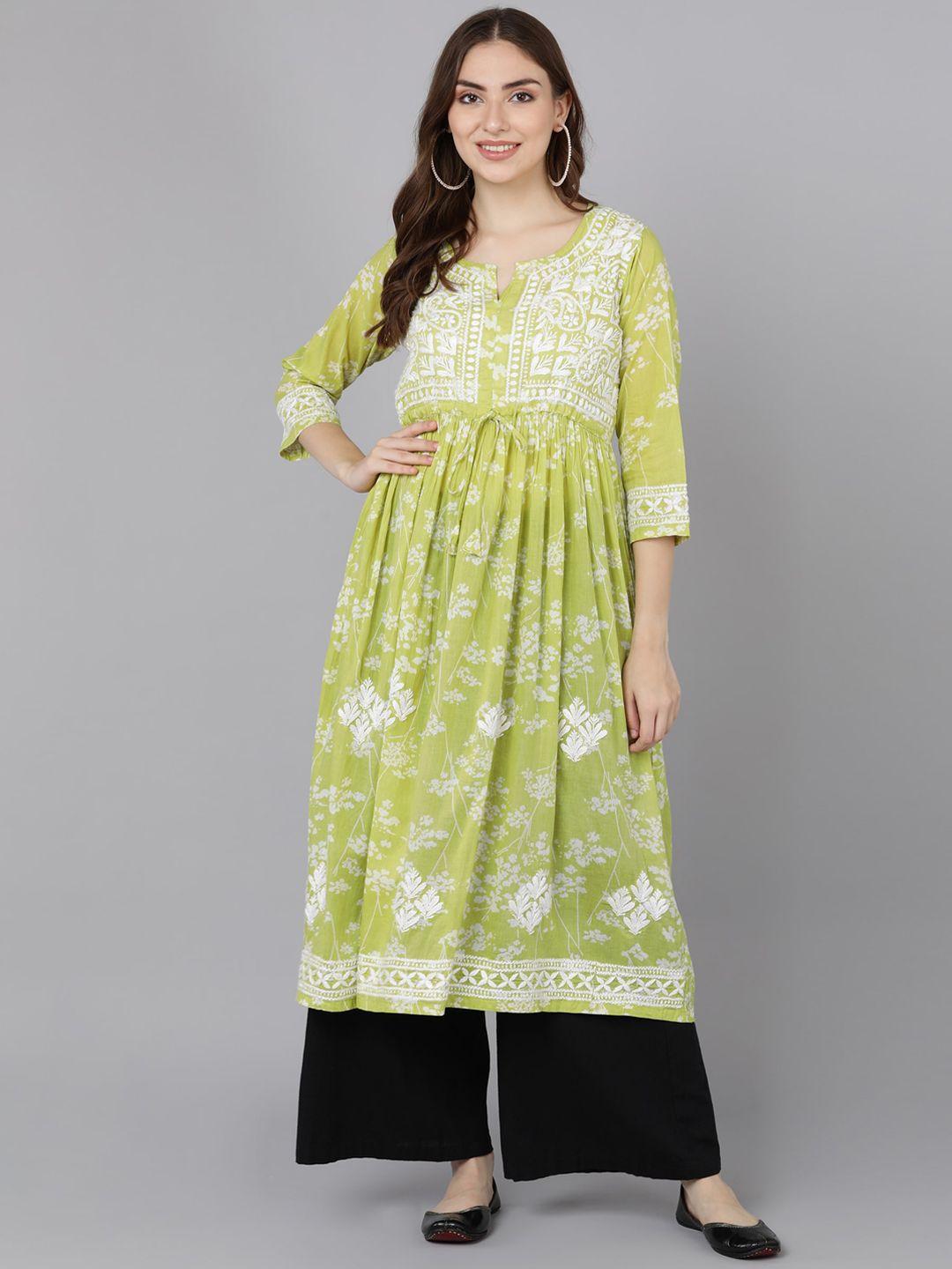 vahson women lime green & white floral printed and thread work anarkali kurta