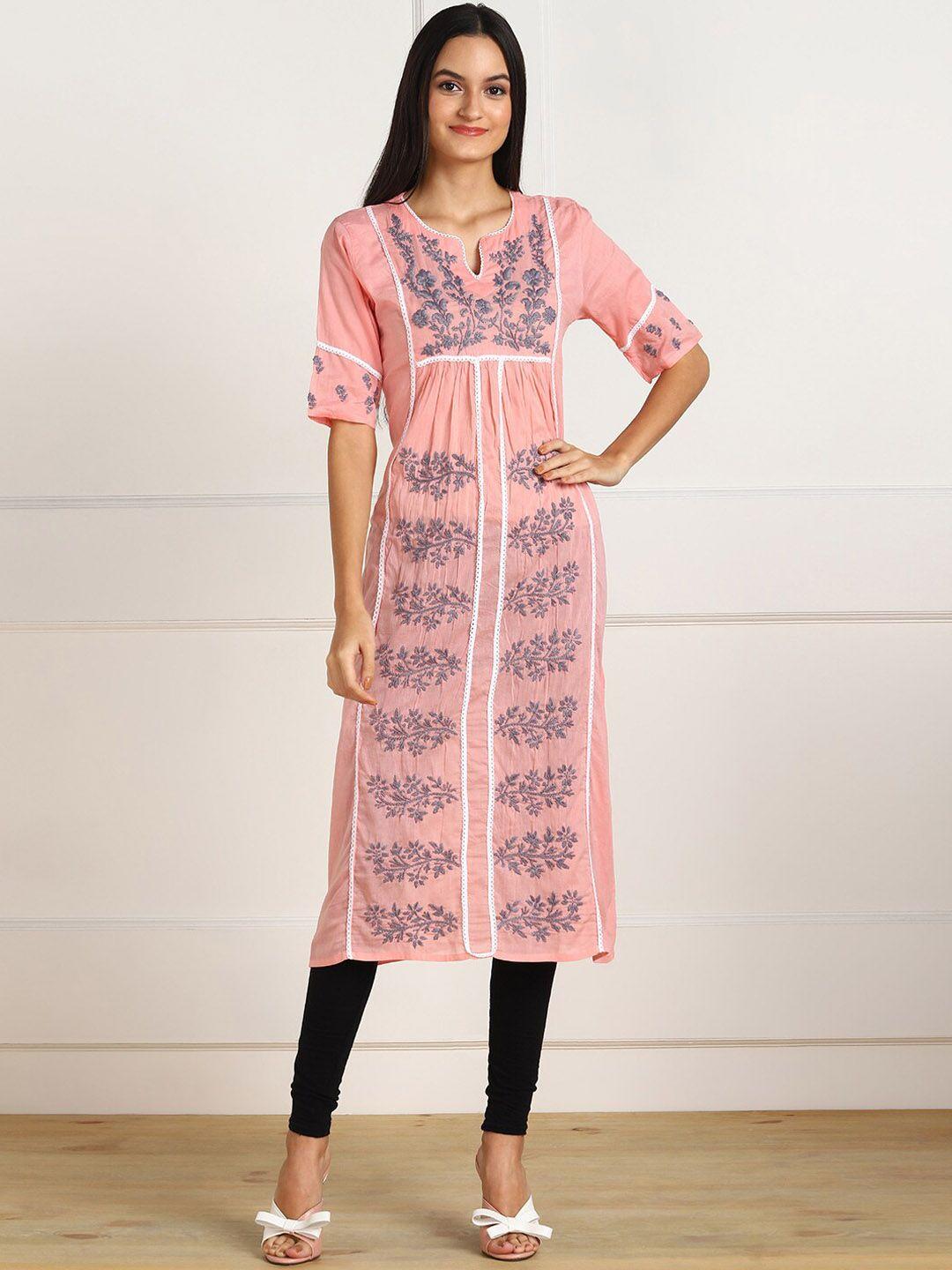 vahson women peach-coloured & apricot blush ethnic motifs printed thread work handloom kurta