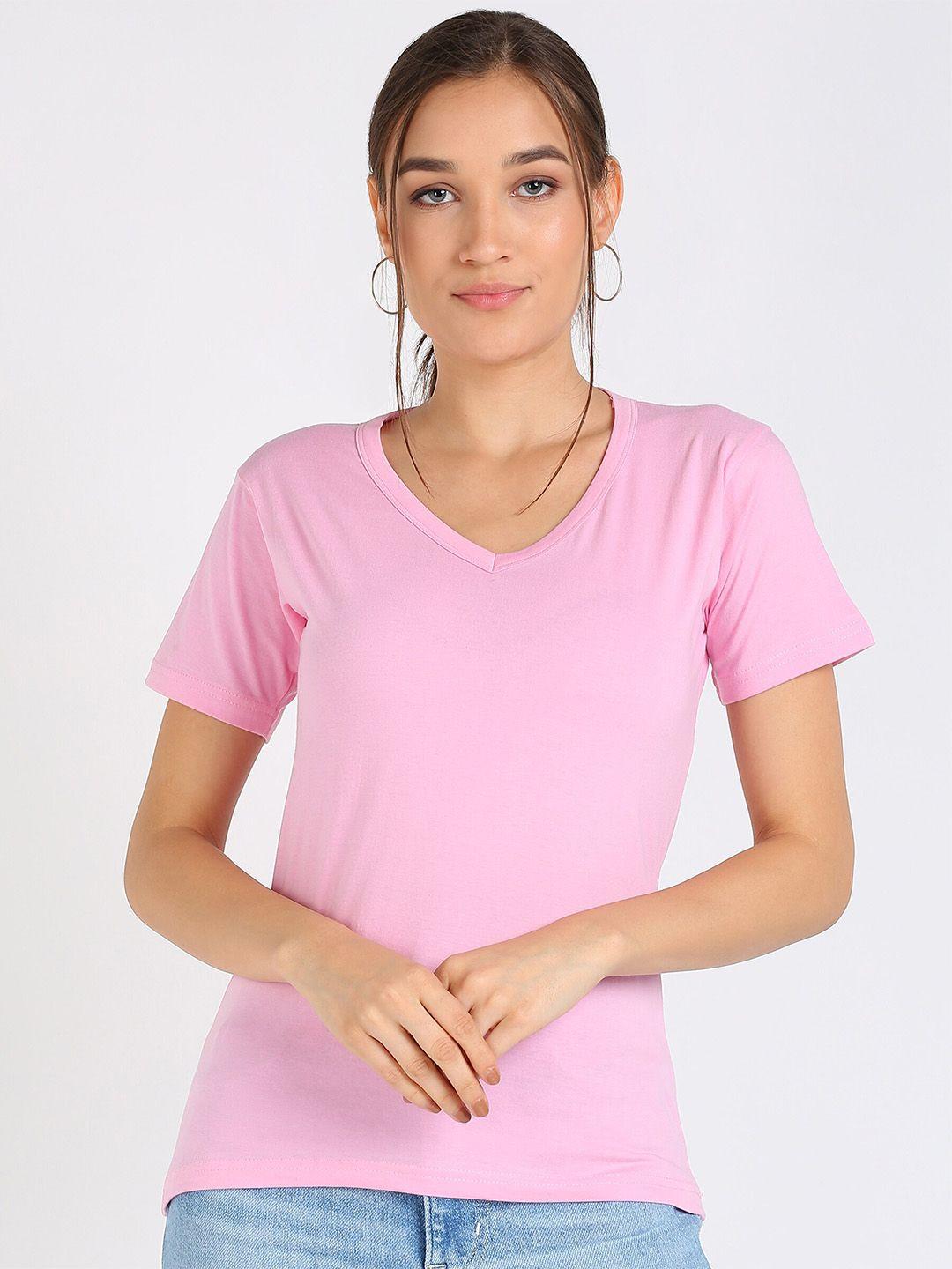 vahson women pink v-neck extended sleeves pure cotton pockets slim fit t-shirt