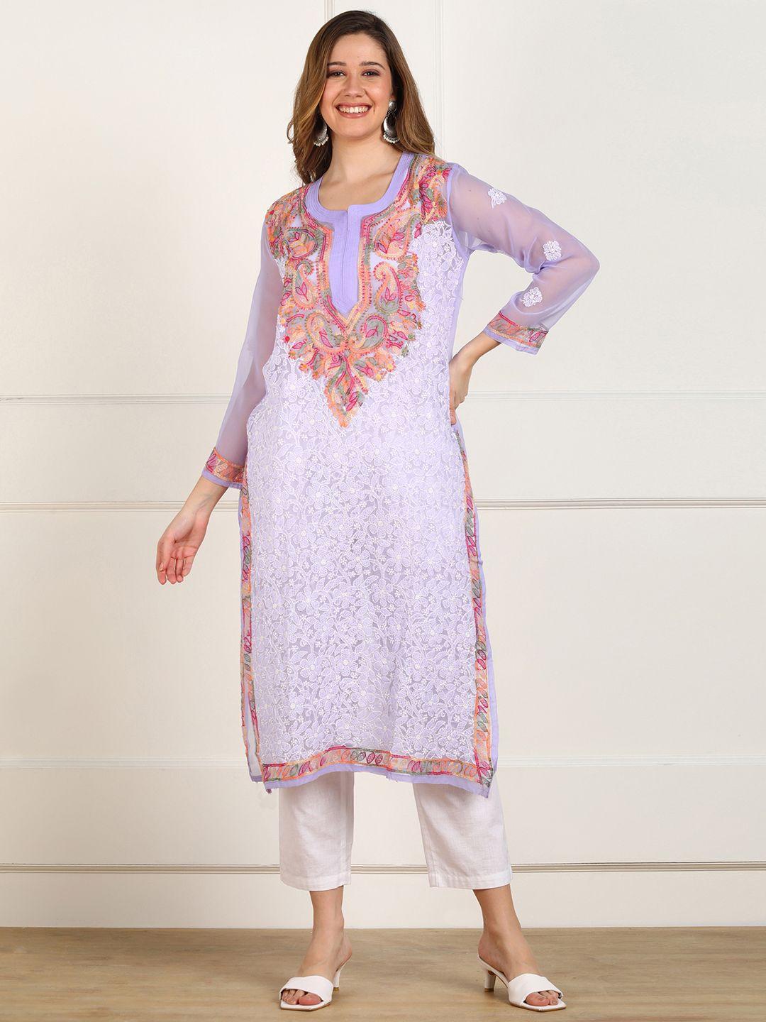 vahson women purple floral yoke design chikankari georgette kurta