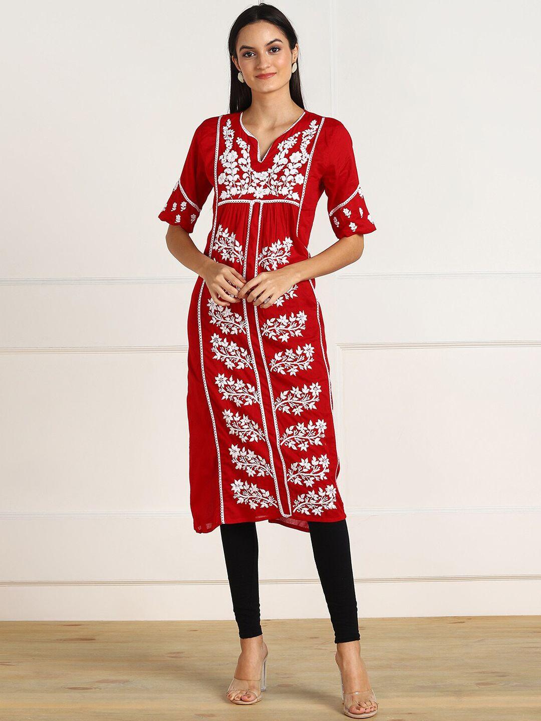 vahson women red ethnic motifs printed thread work handloom kurta