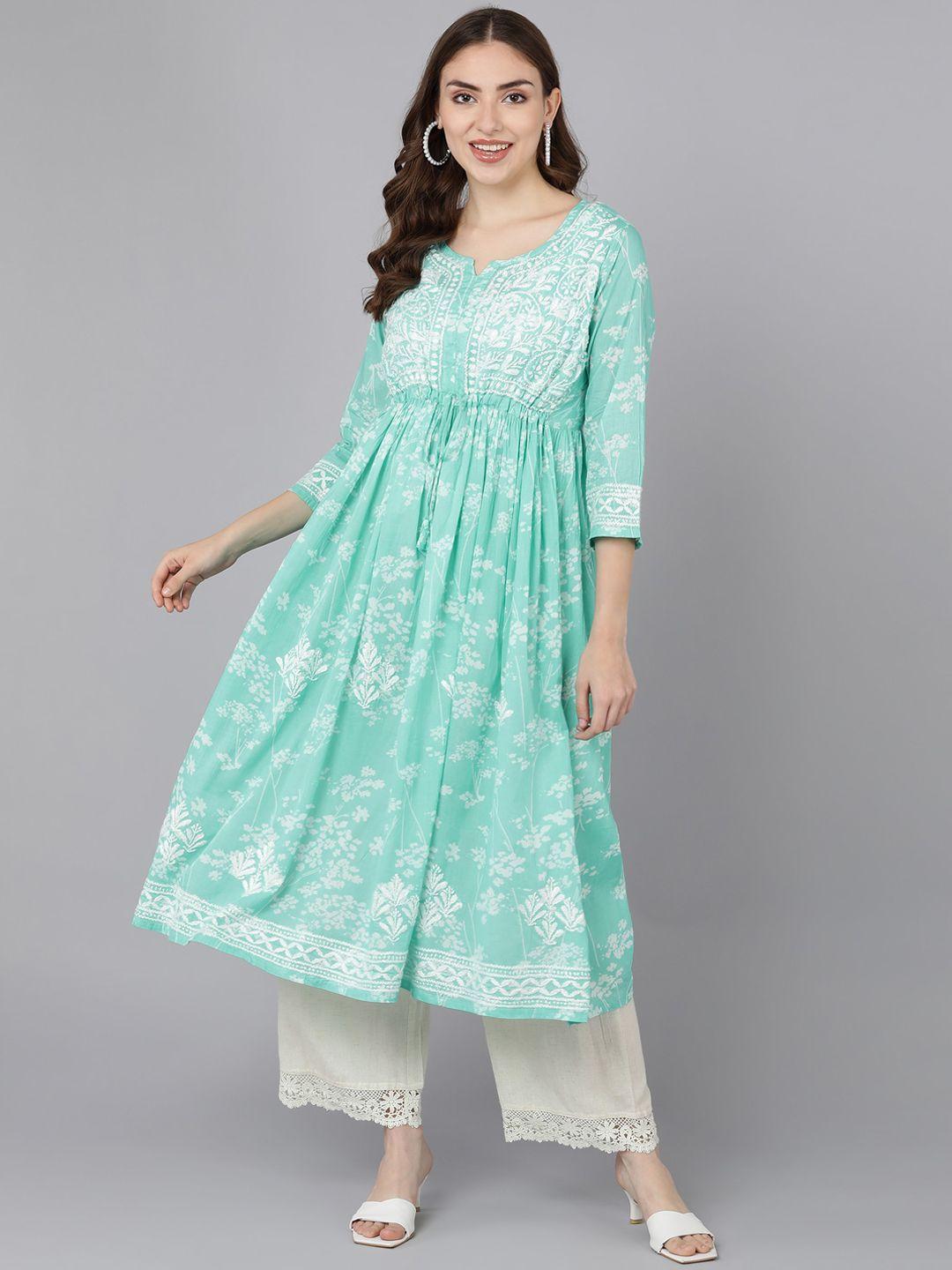 vahson women sea green & white floral printed chikankari anarkali kurta