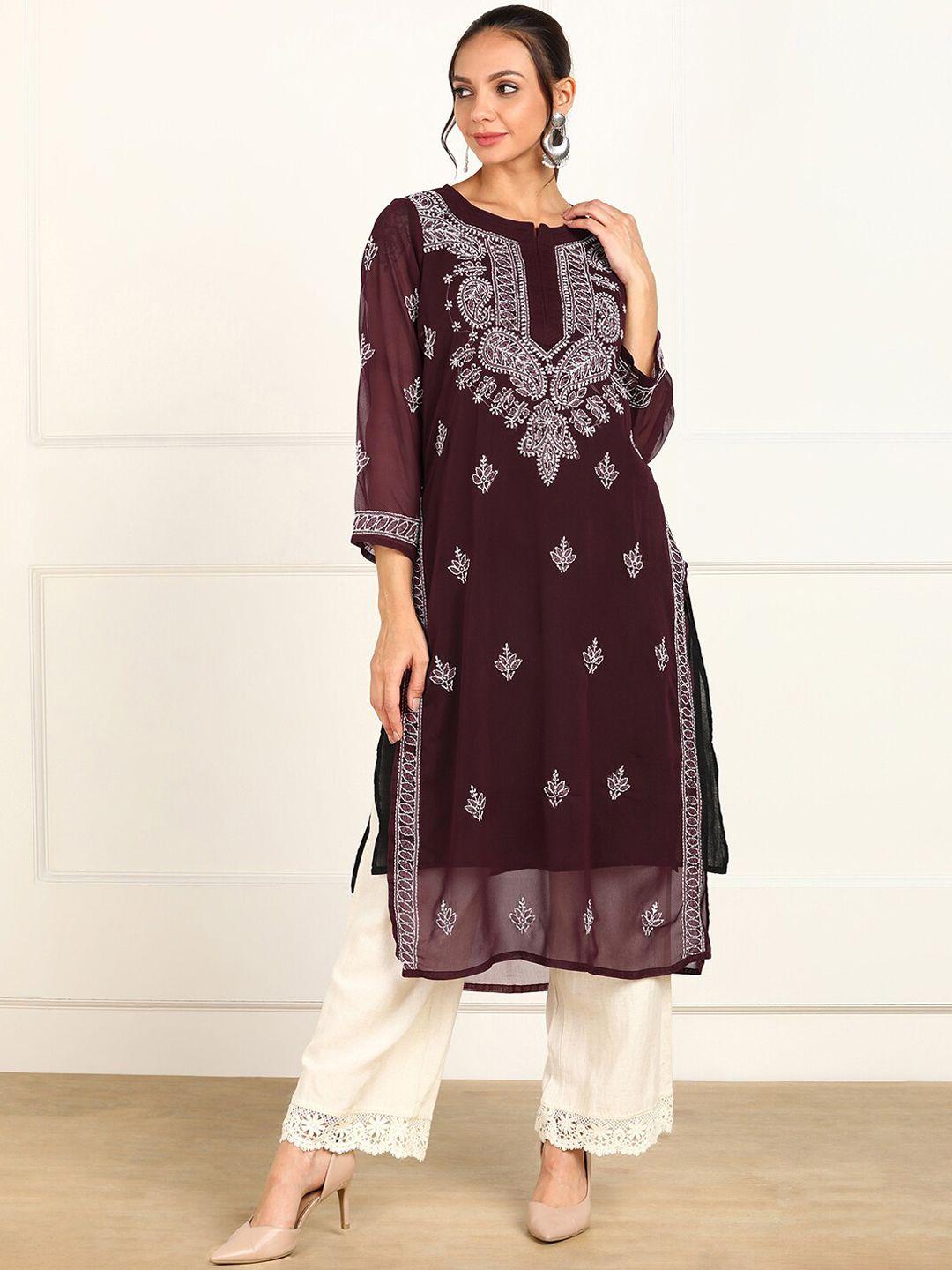 vahson women violet & chocolate kisses ethnic motifs embroidered thread work handloom georgette kurta