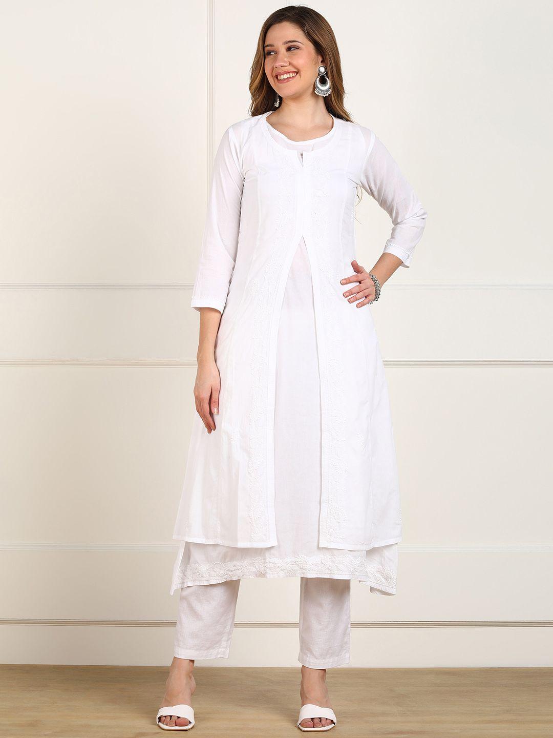 vahson women white chikankari embroidered layered kurta