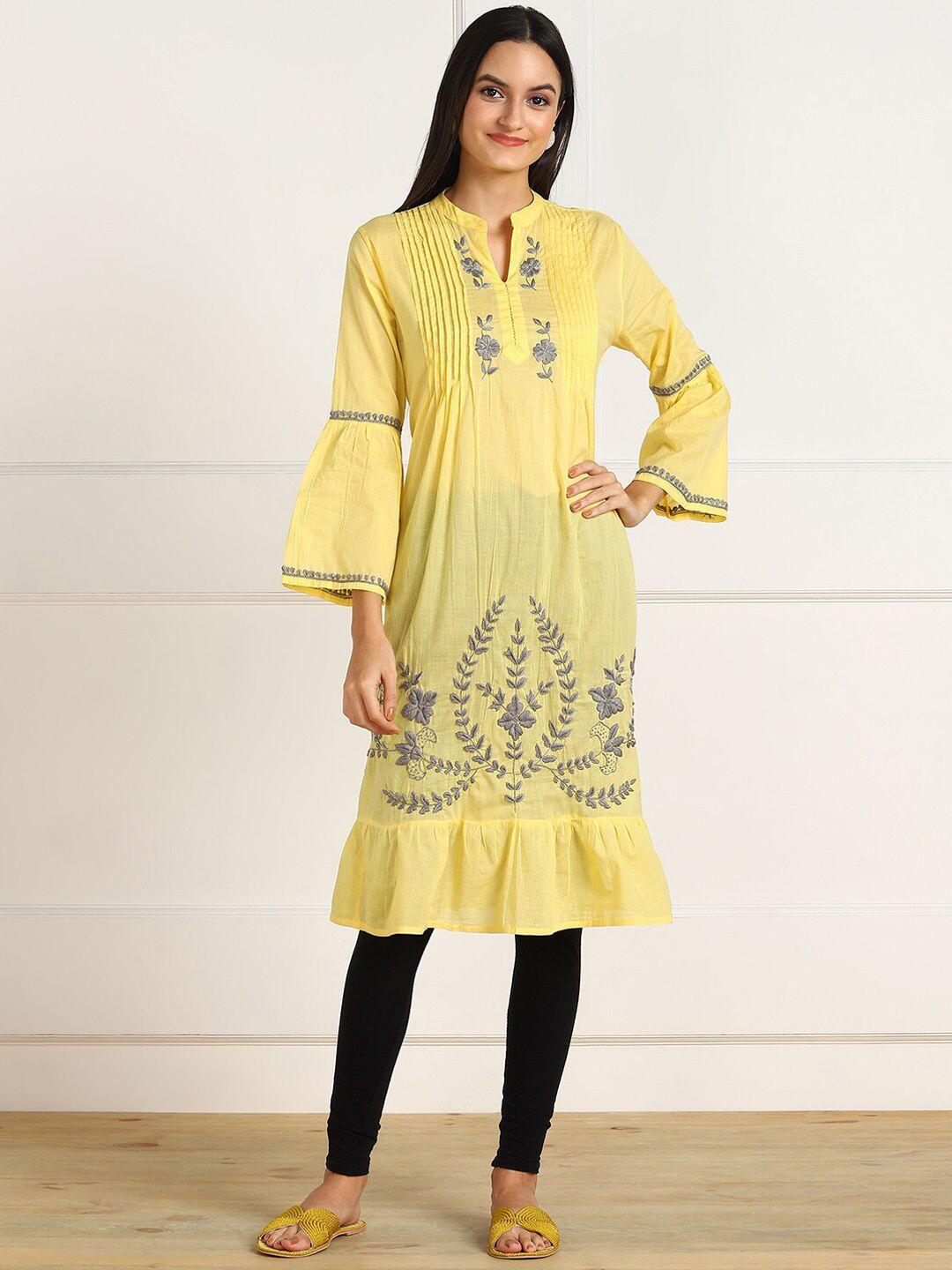 vahson women yellow & popcorn ethnic motifs checked handloom kurta