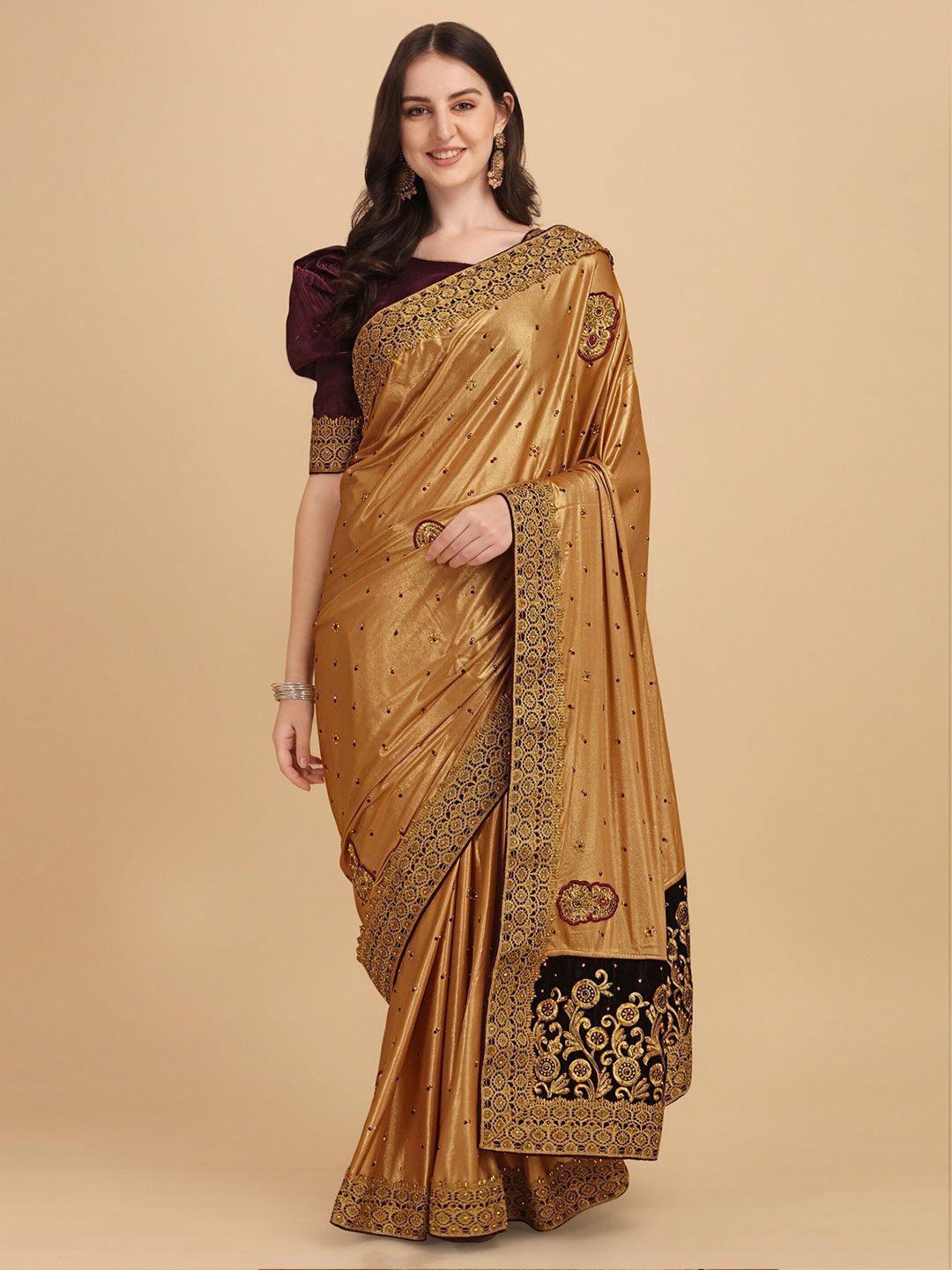 vaidehi fashion beige & gold embroidered silk blend heavy work saree