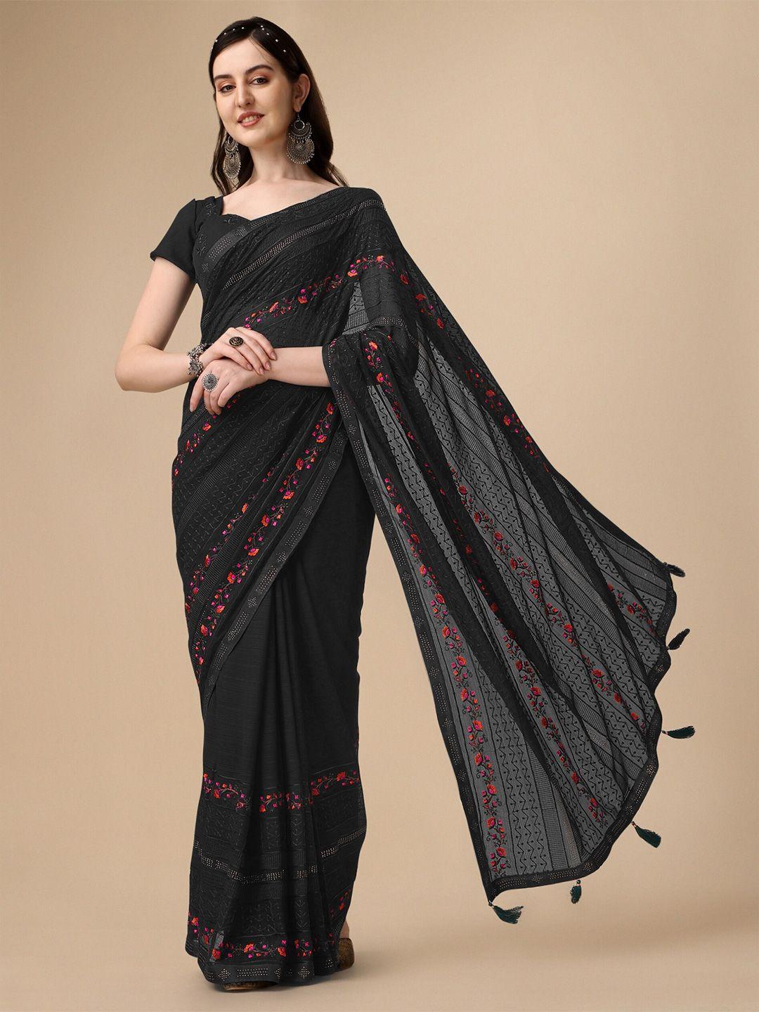 vaidehi fashion black floral embroidered pure chiffon saree
