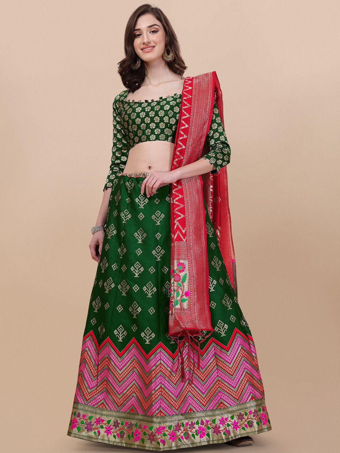 vaidehi fashion green & red banarasi silk semi-stitched lehenga choli