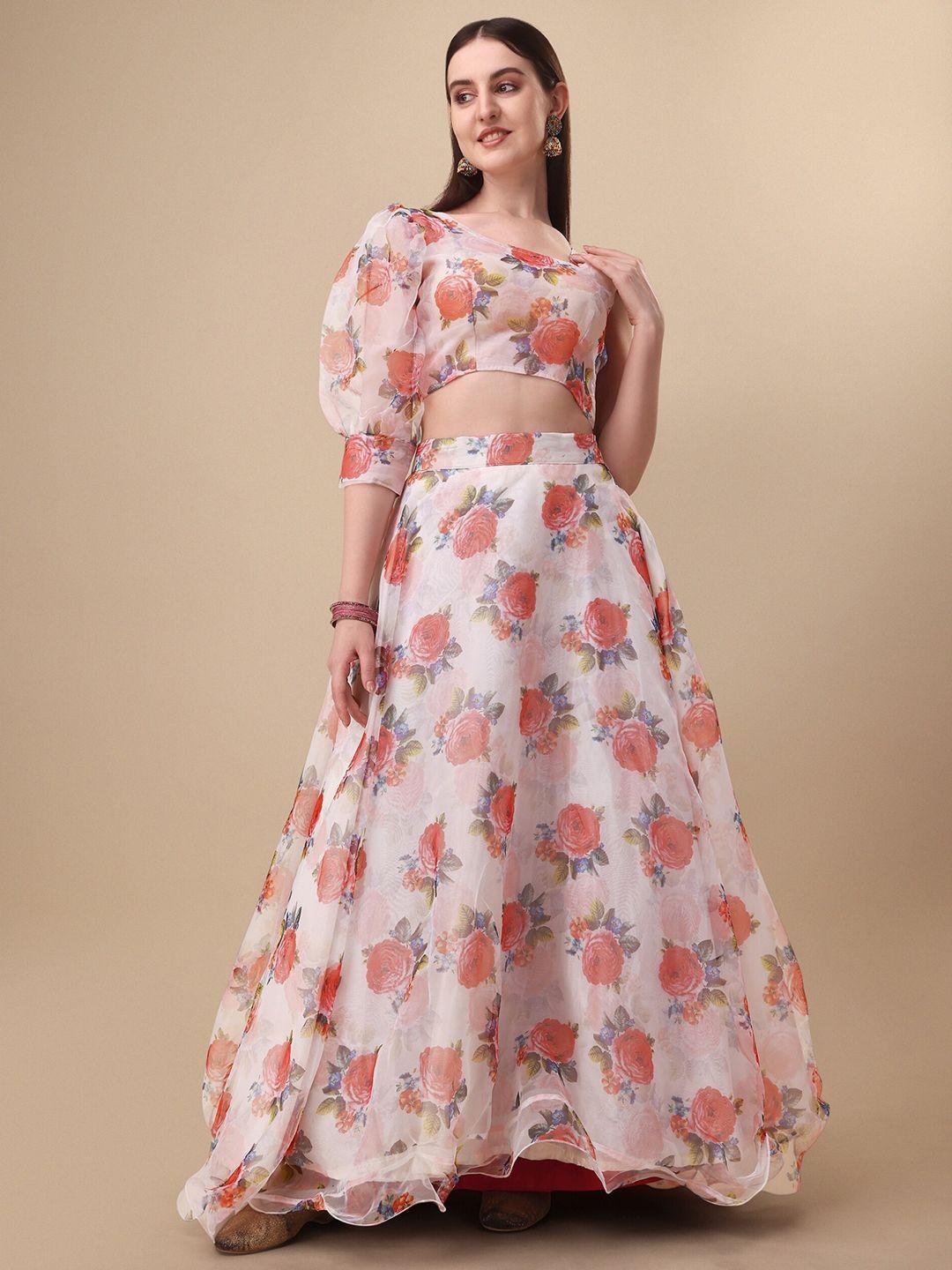 vaidehi fashion peach-coloured & red printed ready to wear lehenga & unstitched blouse with dupatta