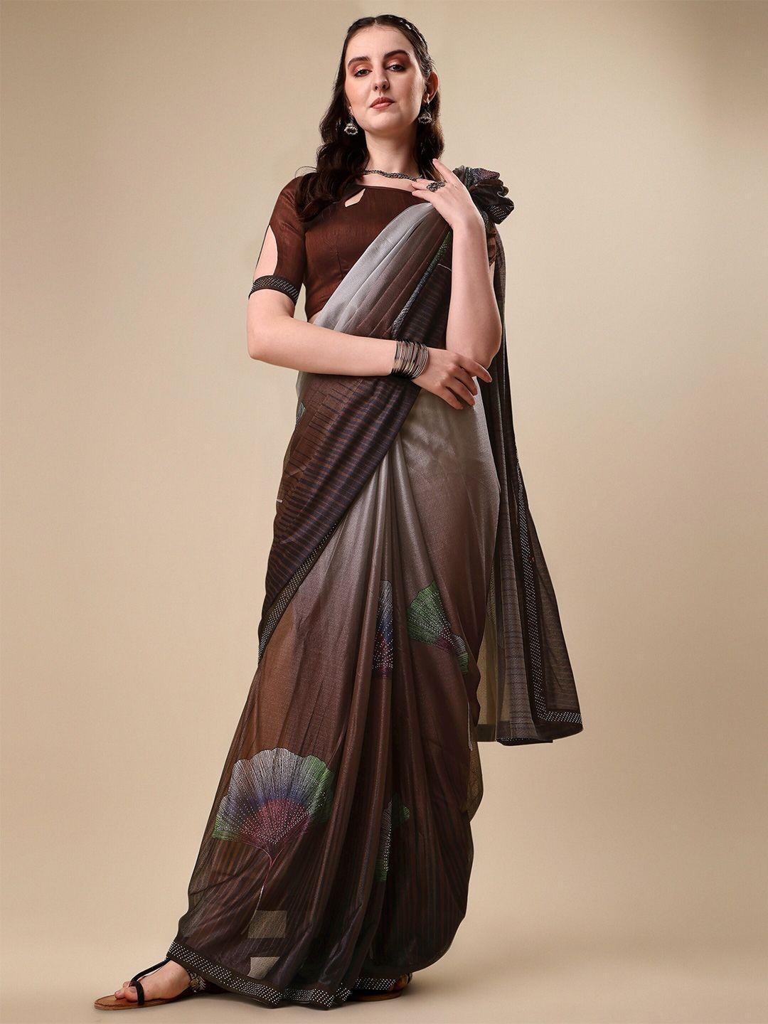 vaidehi fashion brown & grey floral beads and stones silk blend saree