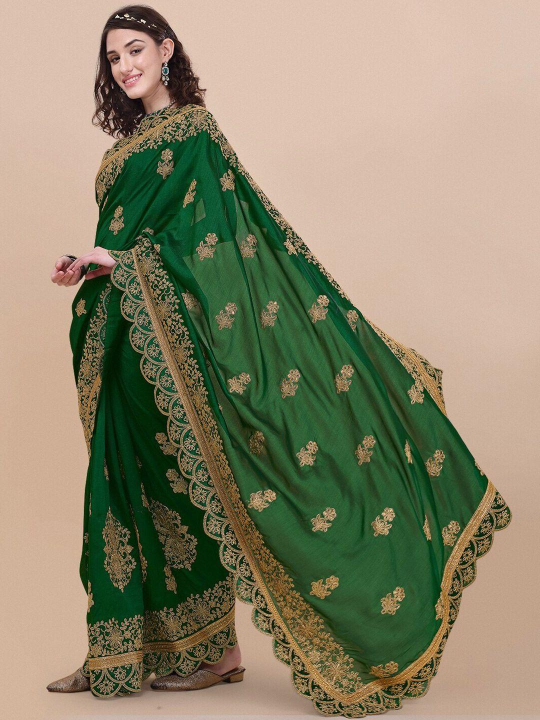 vaidehi fashion green & gold-toned floral embroidered silk blend  saree