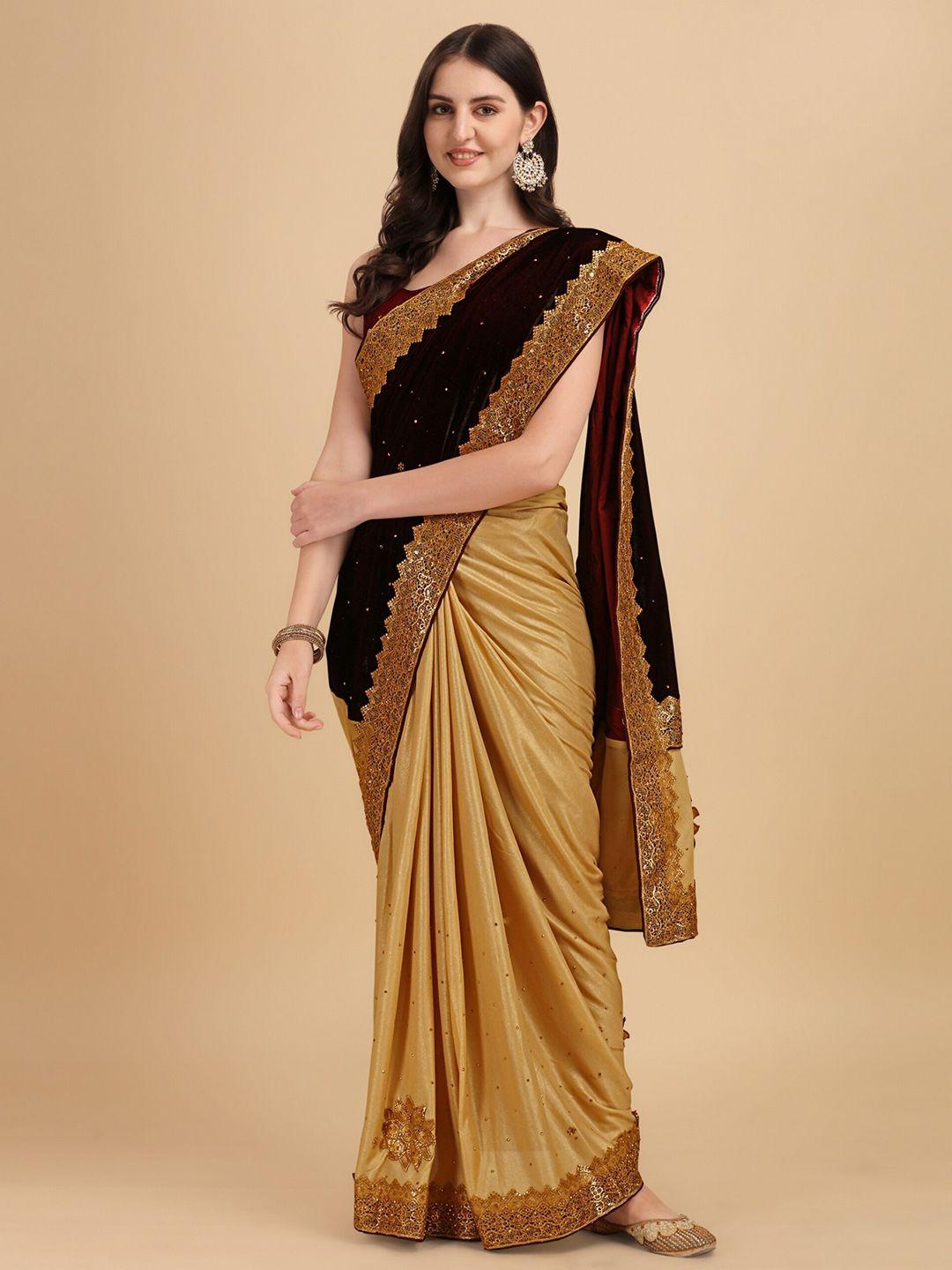 vaidehi fashion maroon & black floral embroidered velvet saree