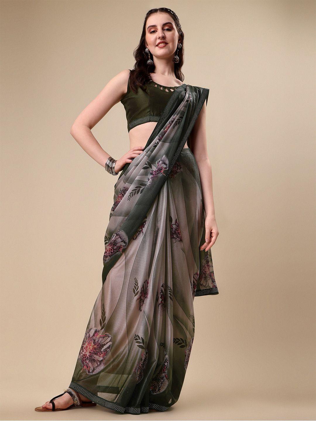 vaidehi fashion olive green & grey floral beads and stones silk blend saree