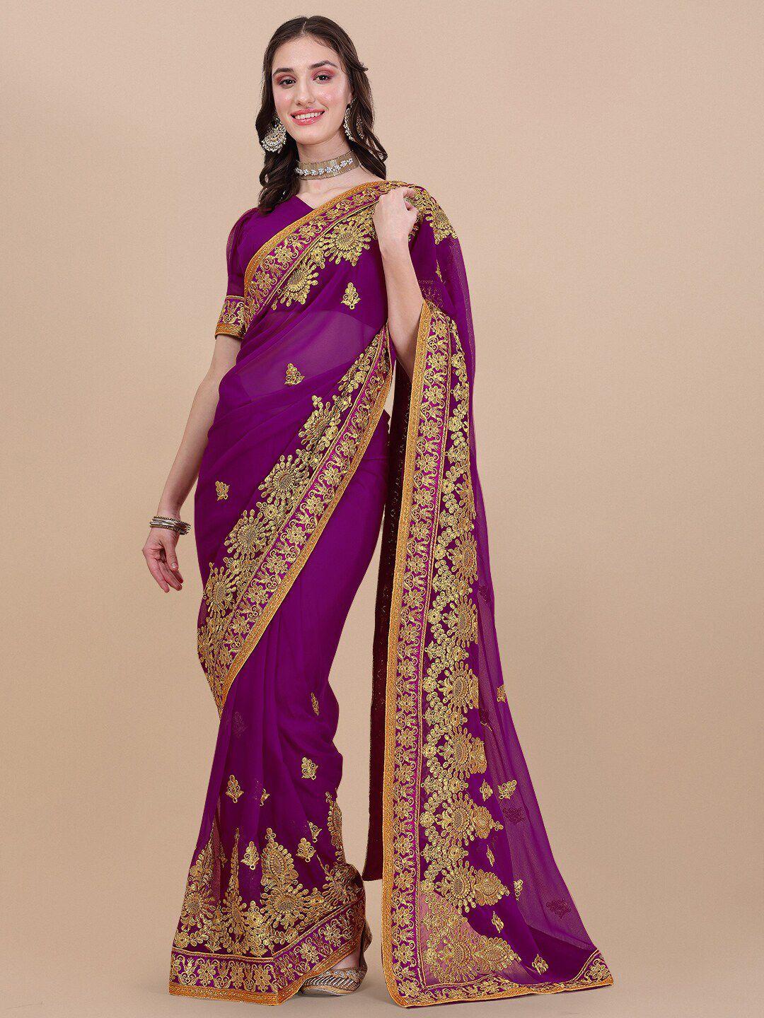 vaidehi fashion purple & gold-toned floral embroidered pure georgette  saree