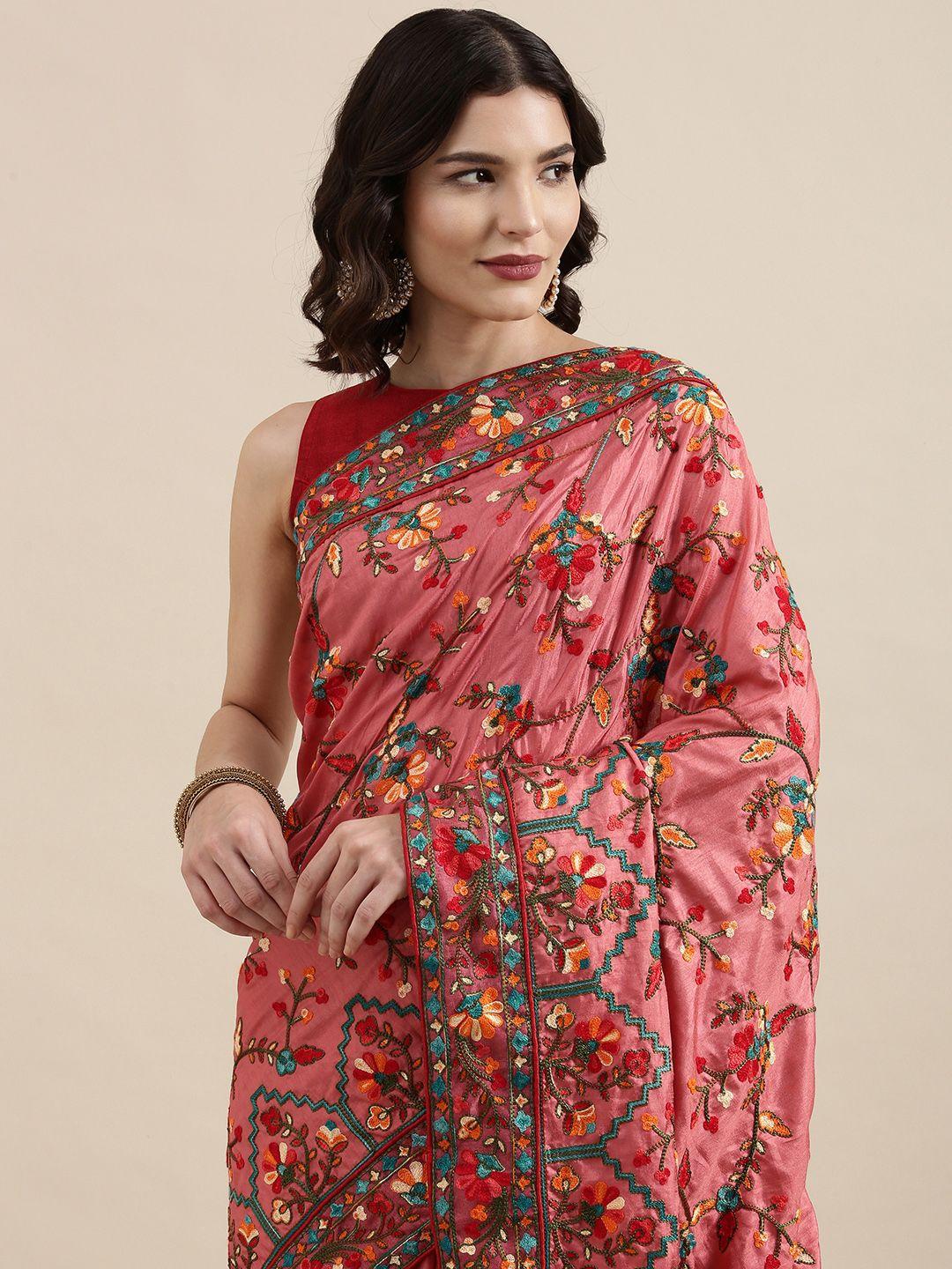 vairagee dusty pink & teal blue ethnic motifs embroidered dola silk saree
