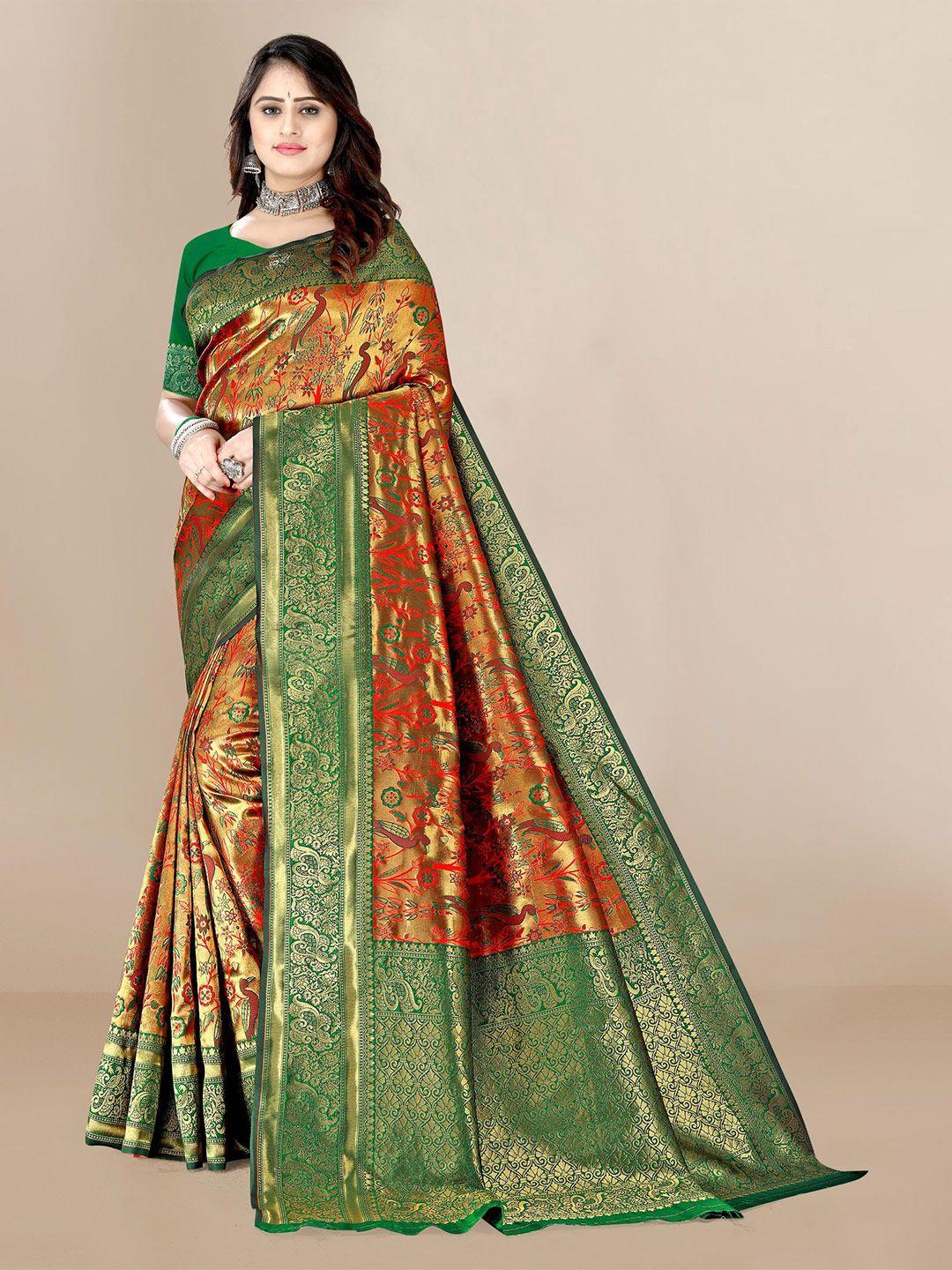 vairagee gold-toned & green ethnic motifs zari silk blend saree