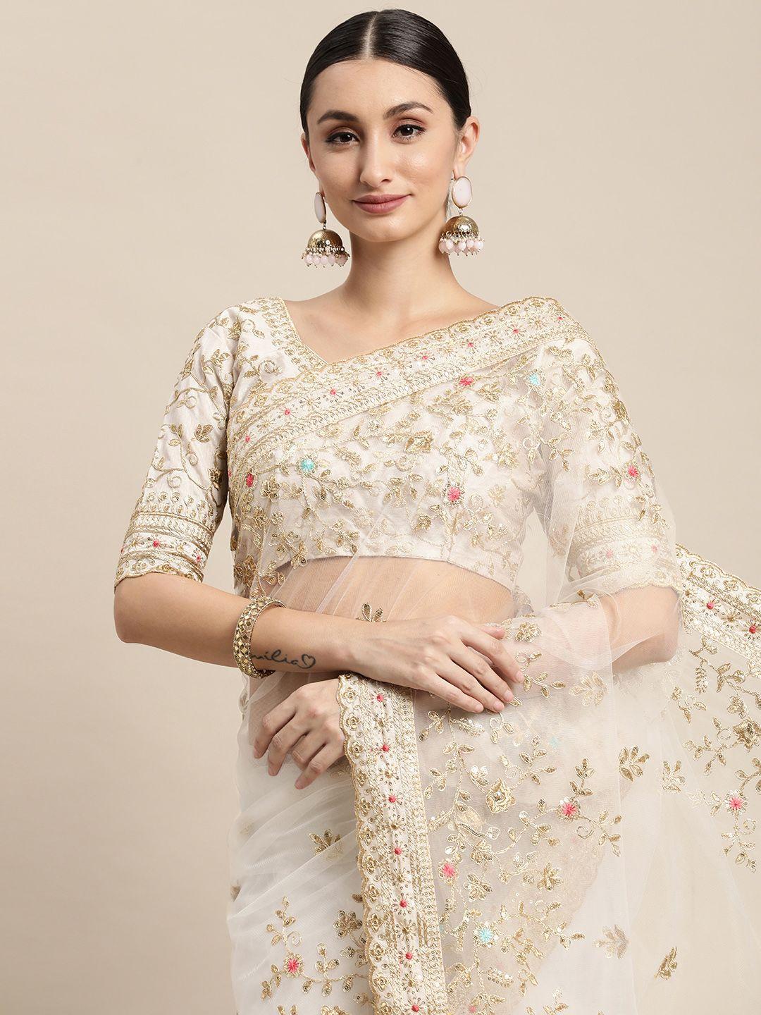 vairagee off white floral embroidered net saree