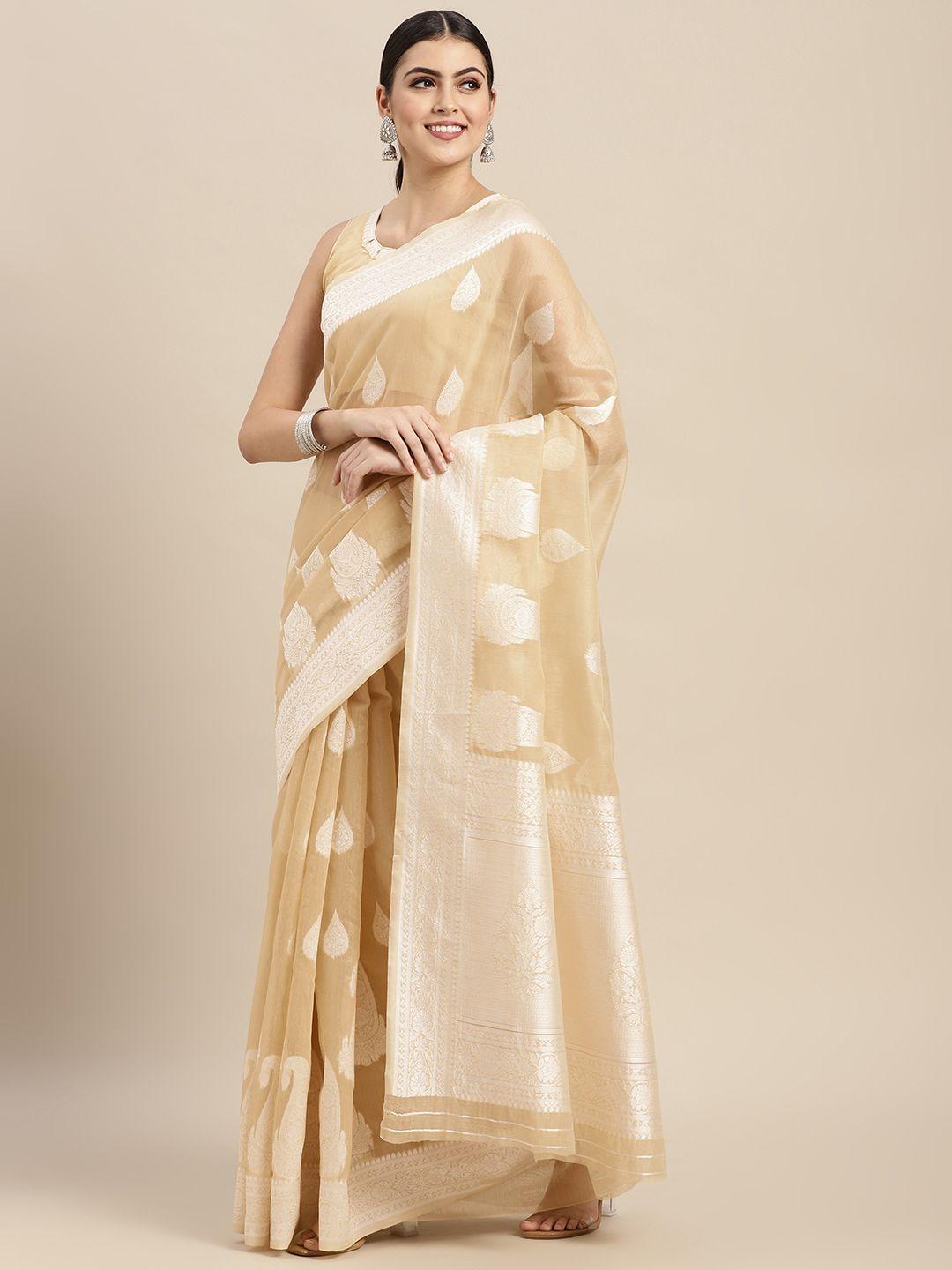 vairagee beige & white ethnic motifs pure cotton saree