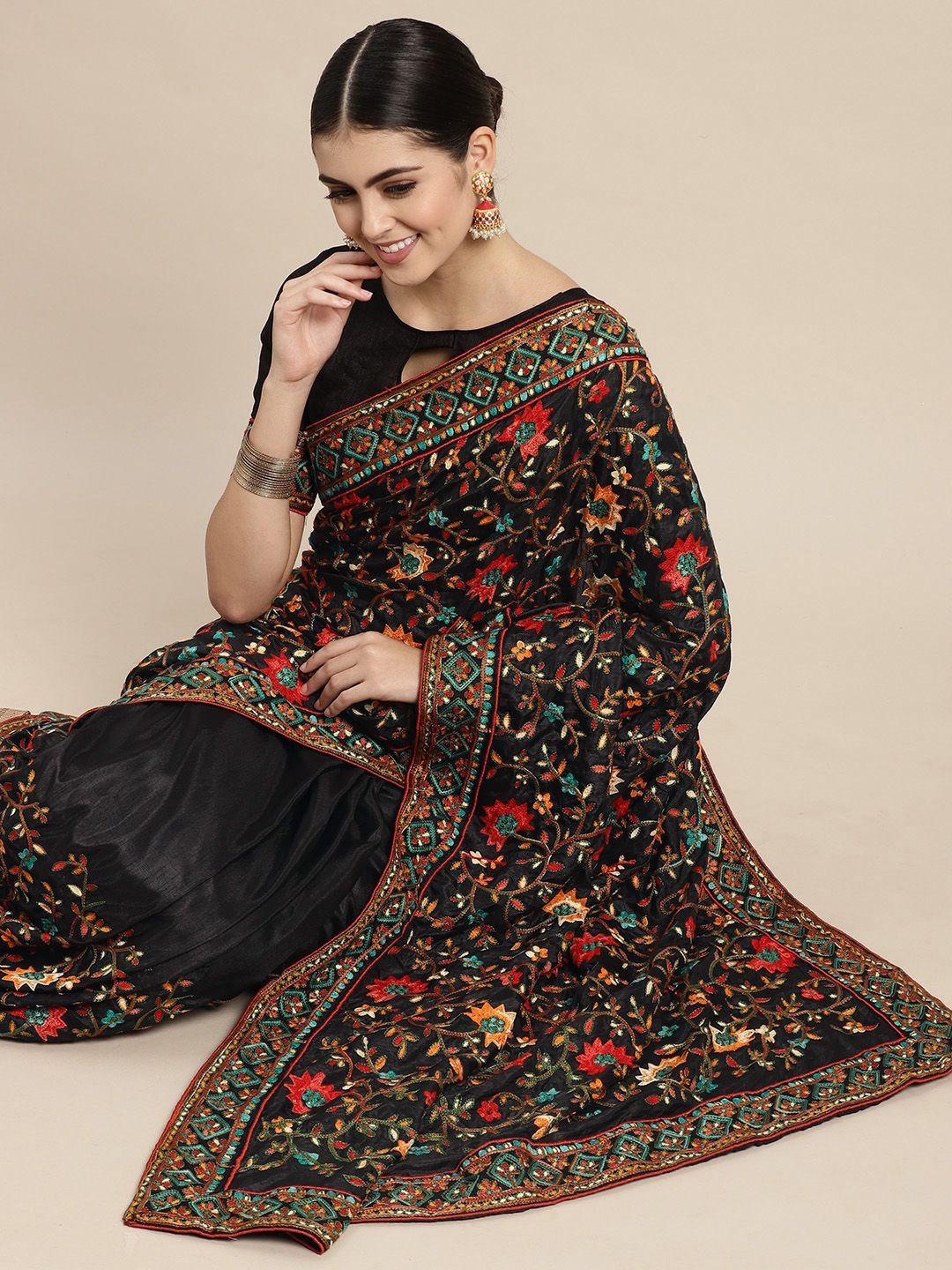 vairagee black & red floral embroidered silk blend saree