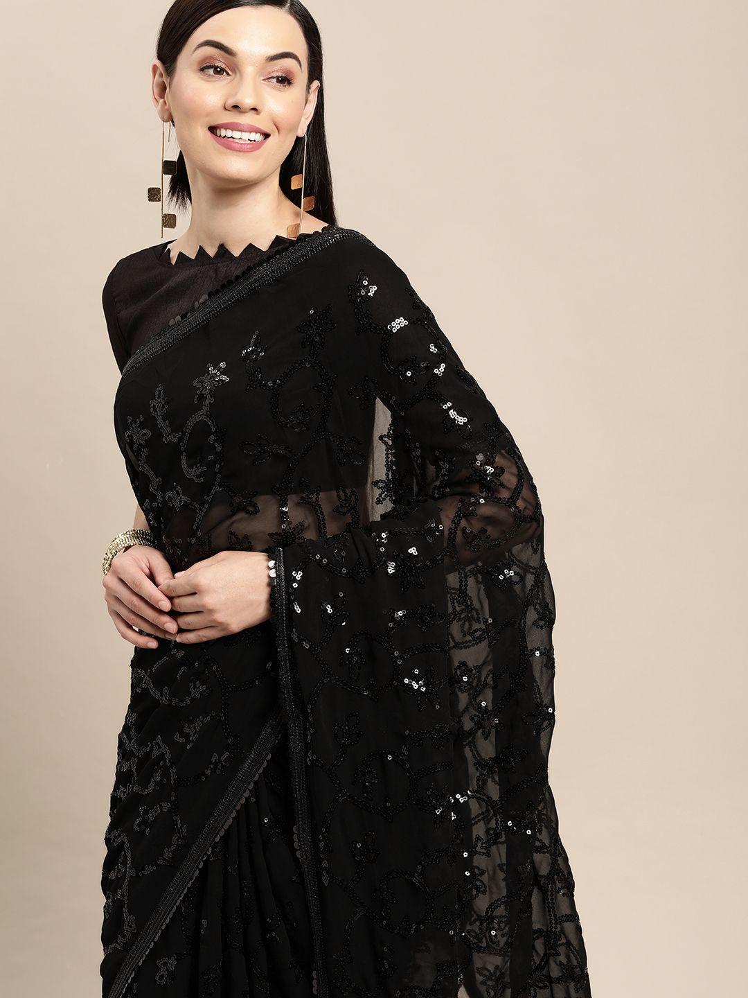 vairagee black ethnic motifs sequinned pure georgette heavy work saree
