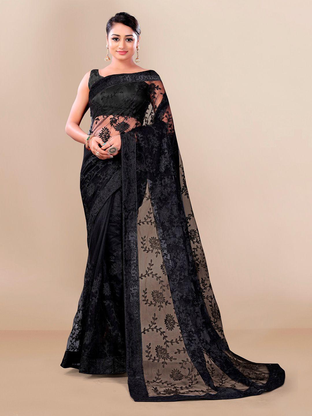 vairagee black floral embroidered net saree