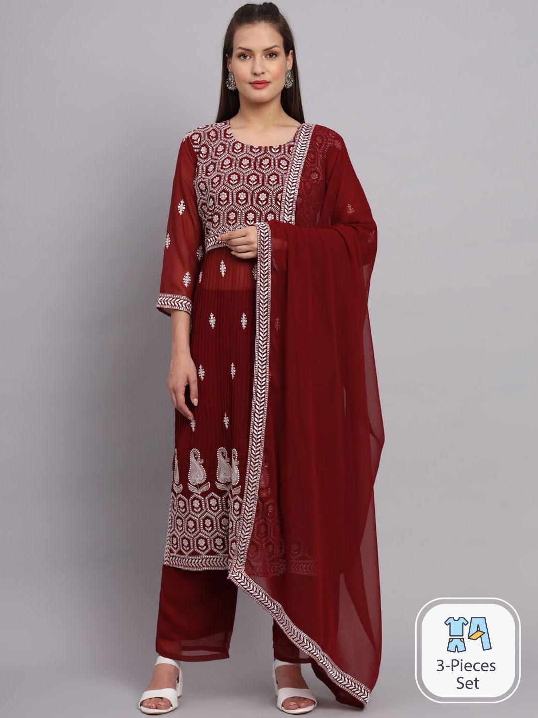 vairagee ethnic motifs embroidered pleated thread work kurta with trousers & dupatta