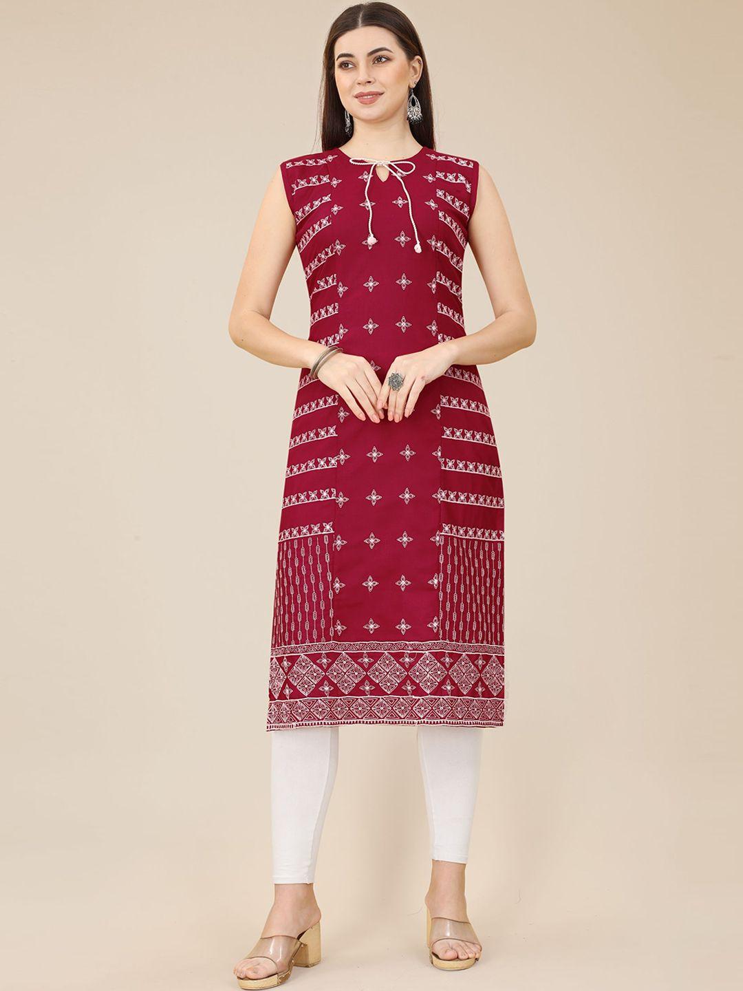 vairagee ethnic motifs embroidered tie up neck thread work pure cotton kurta