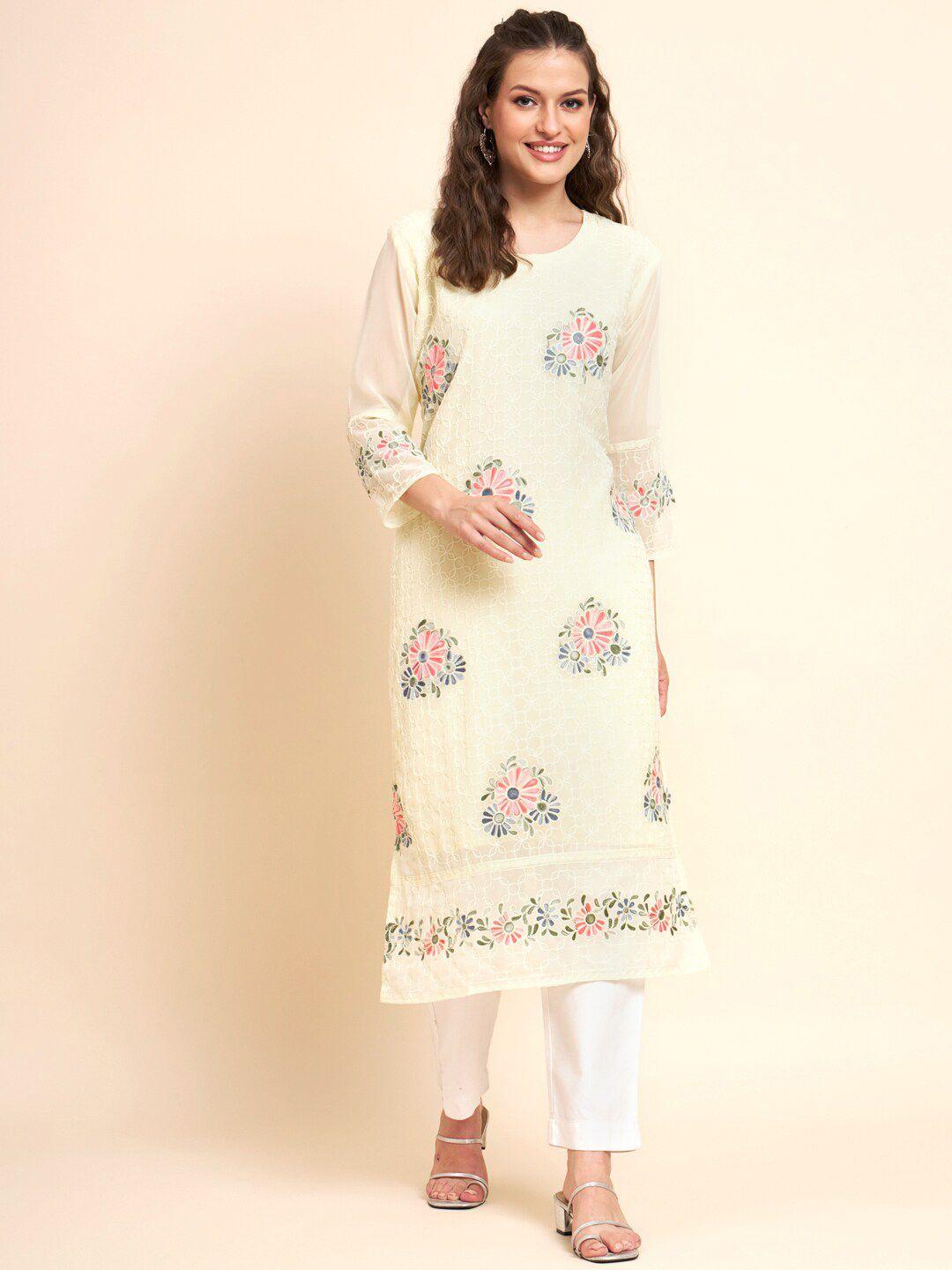 vairagee floral embroidered thread work pure georgette straight kurta