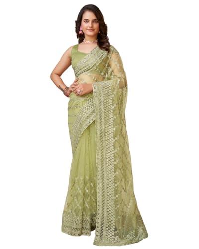 vairagee floral women soft net embroidery saree (olive green)