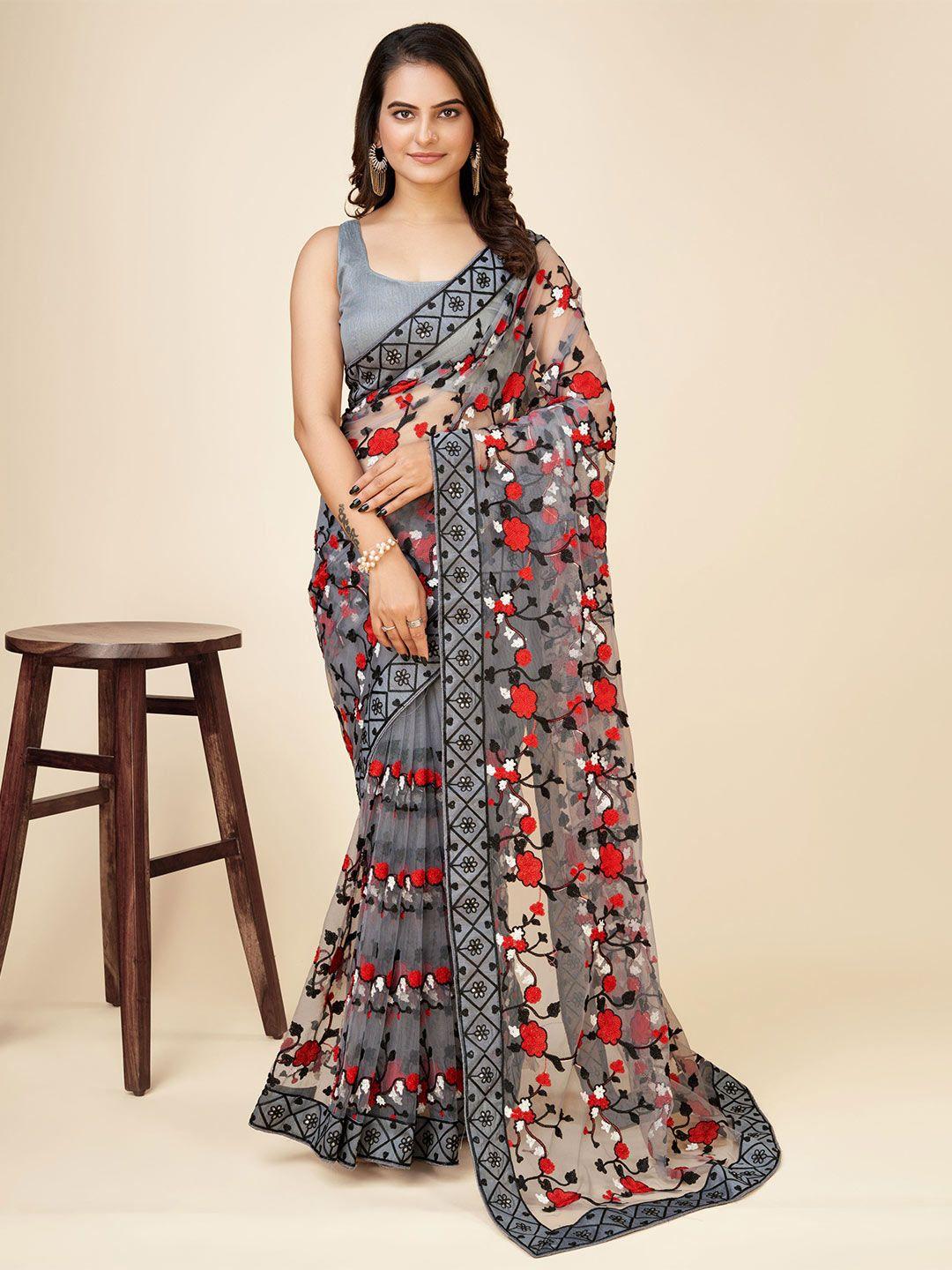 vairagee grey & red floral embroidered organza saree