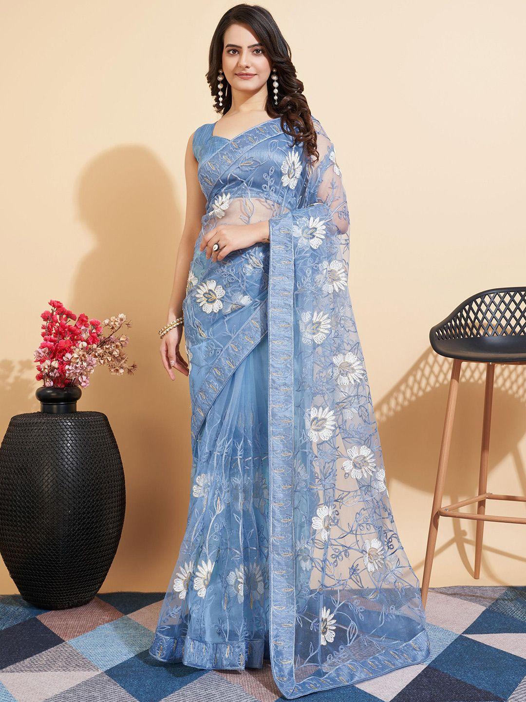 vairagee grey & white floral embroidered net saree