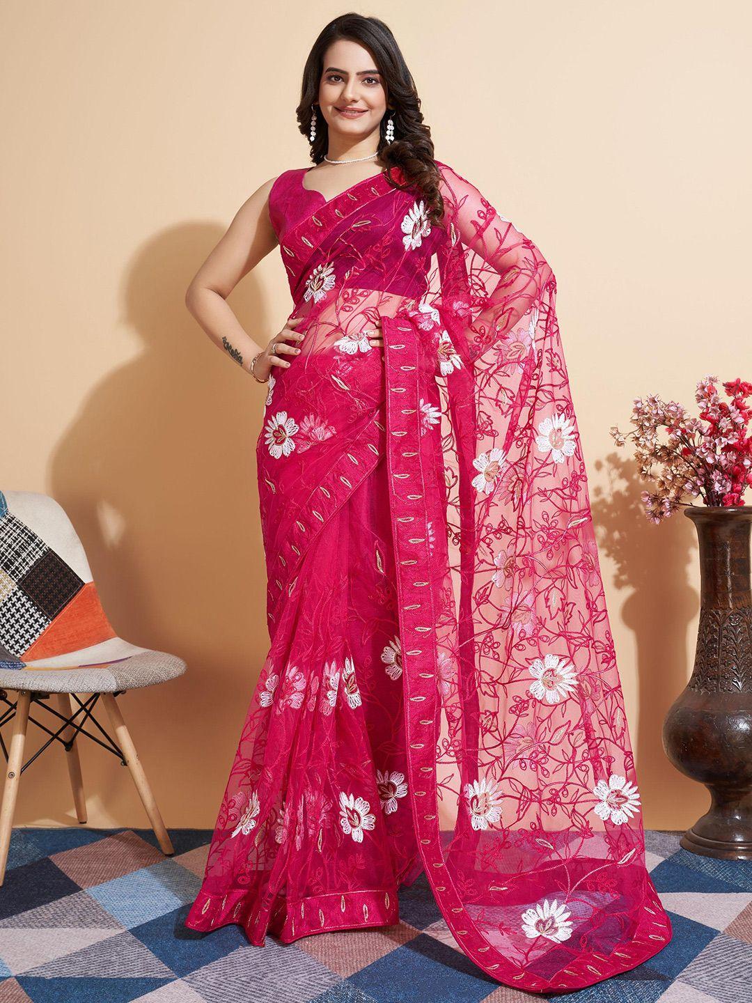 vairagee magenta & white floral embroidered net saree