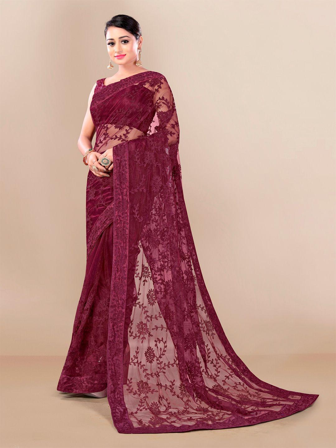 vairagee magenta floral embroidered net saree