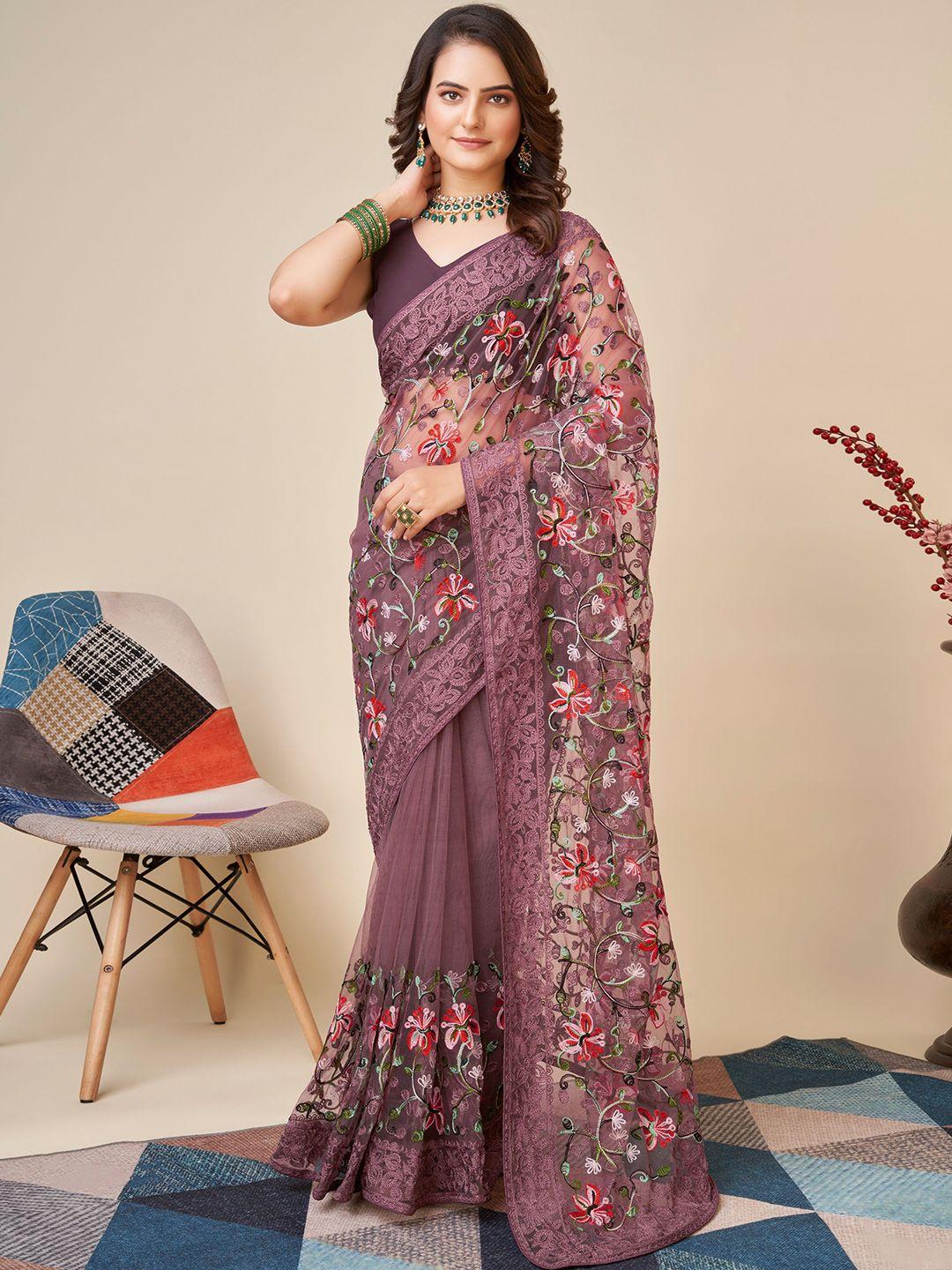 vairagee mauve & red floral embroidered net saree