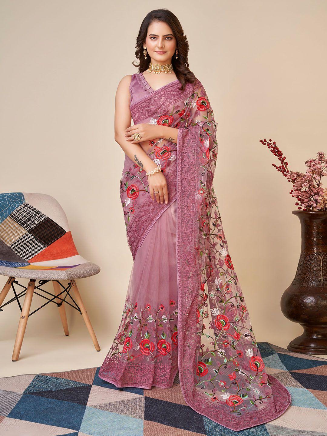 vairagee mauve & red floral embroidered net saree