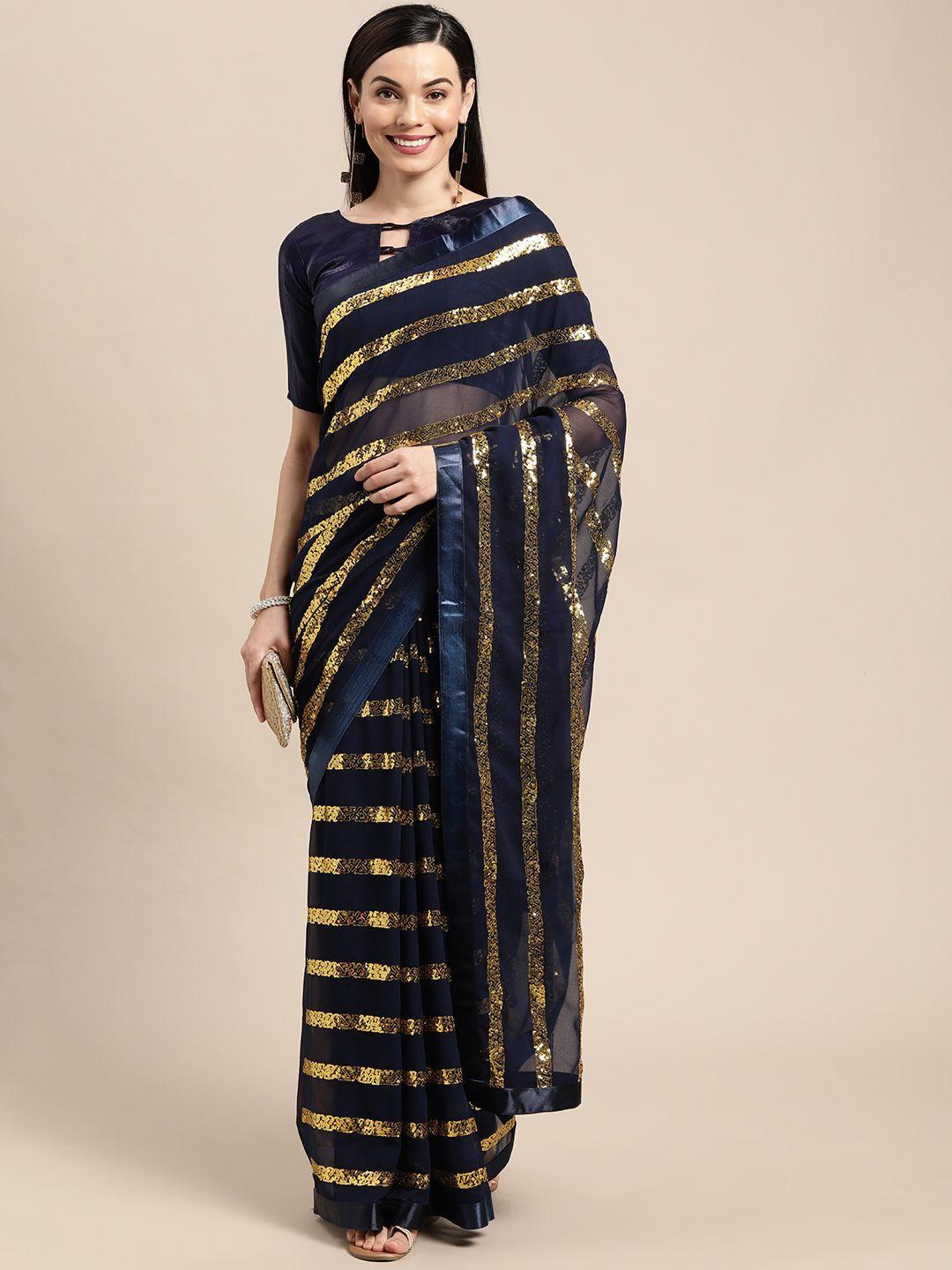 vairagee navy blue & gold-toned striped sequinned pure georgette saree