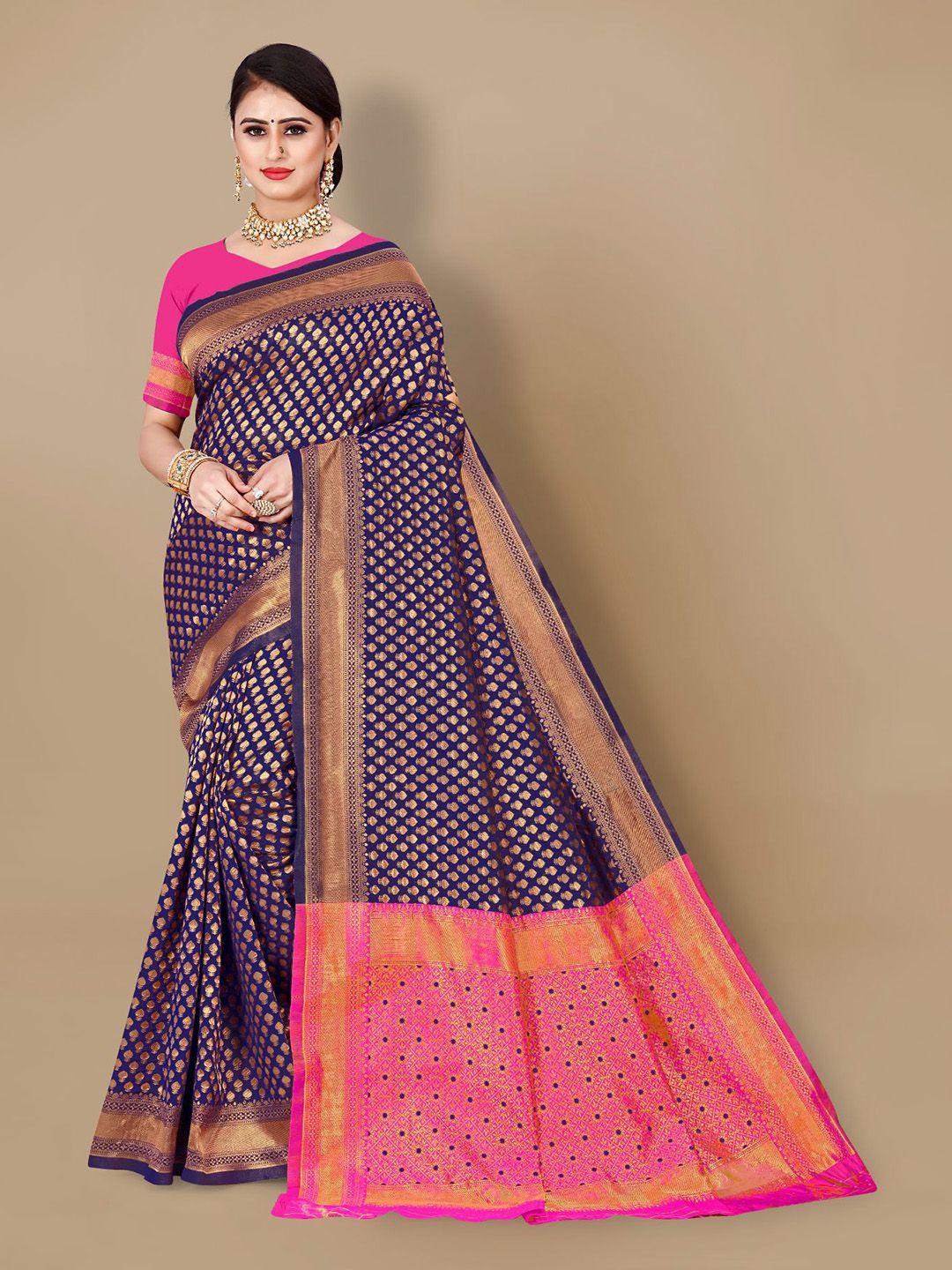 vairagee navy blue & pink woven design zari silk blend saree