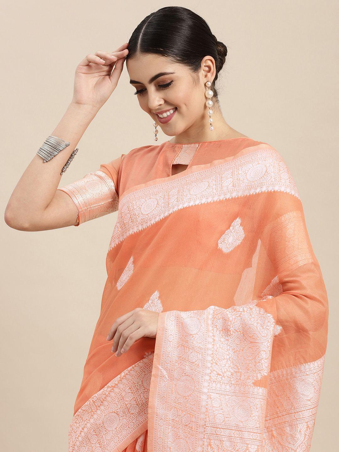 vairagee orange & white ethnic motifs pure cotton saree