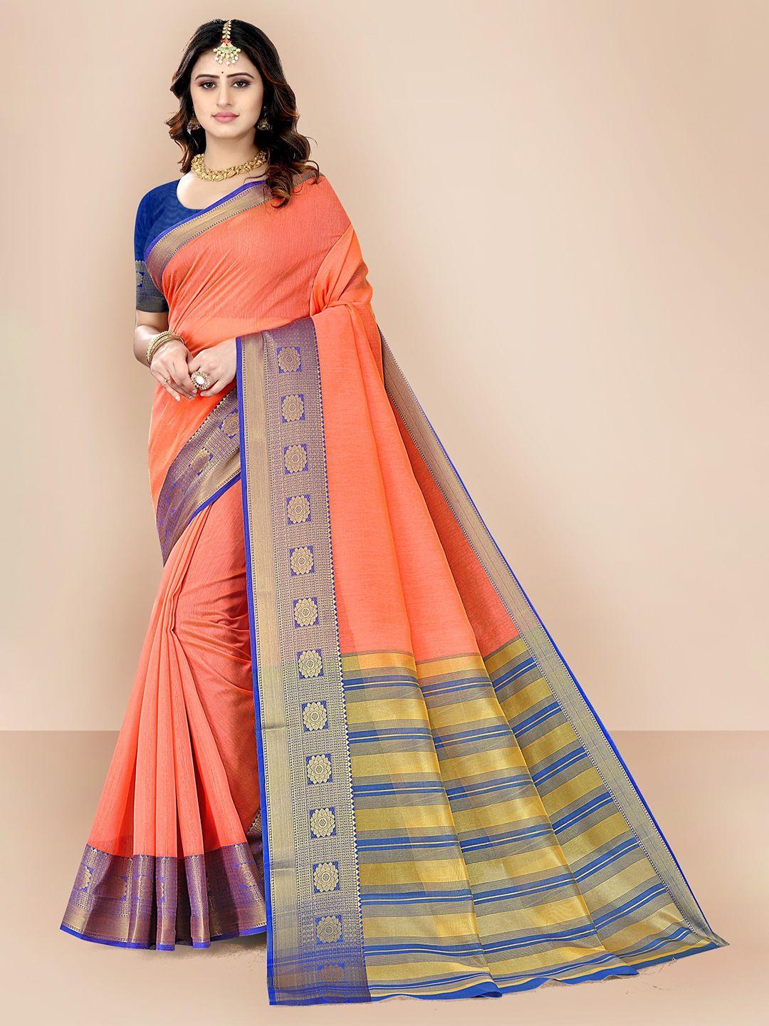 vairagee peach-coloured & blue zari pure cotton saree