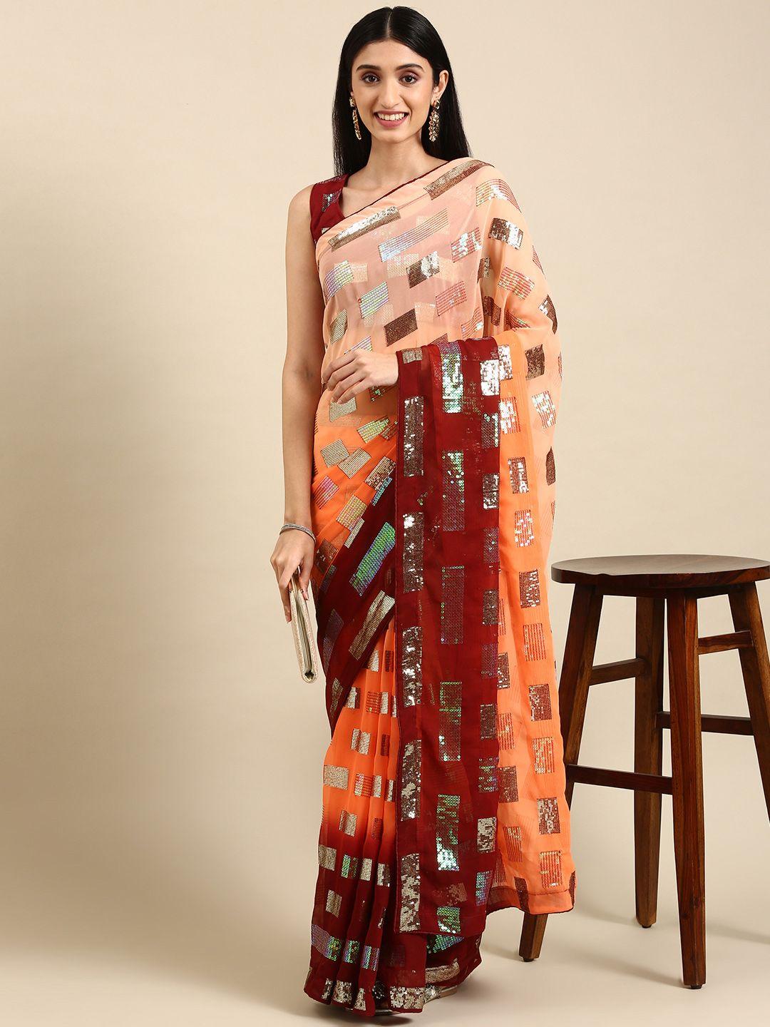 vairagee peach-coloured & maroon embellished sequinned saree