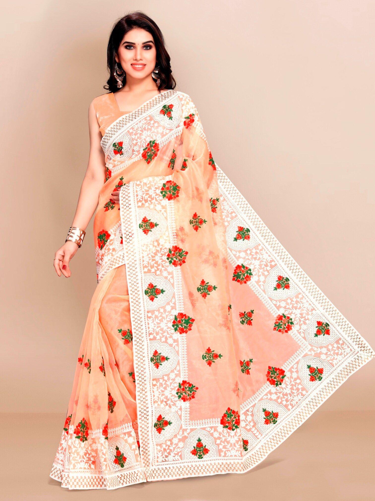 vairagee peach-coloured & white floral embroidered organza saree