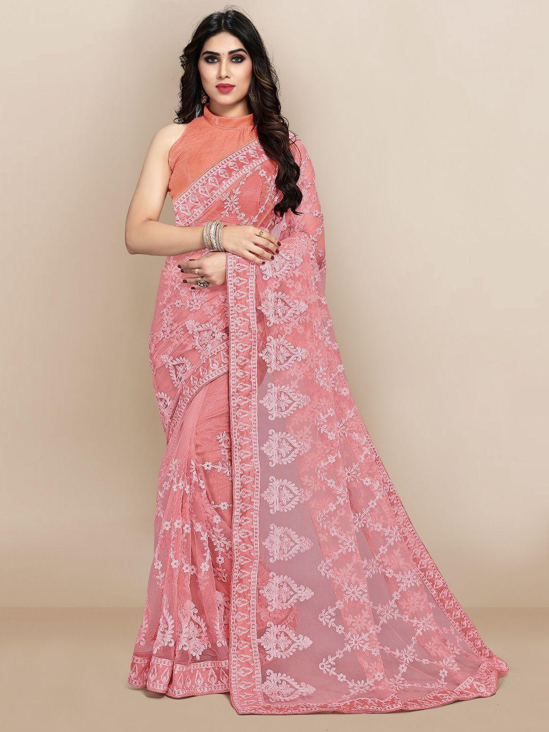 vairagee peach-coloured ethnic motifs embroidered net saree