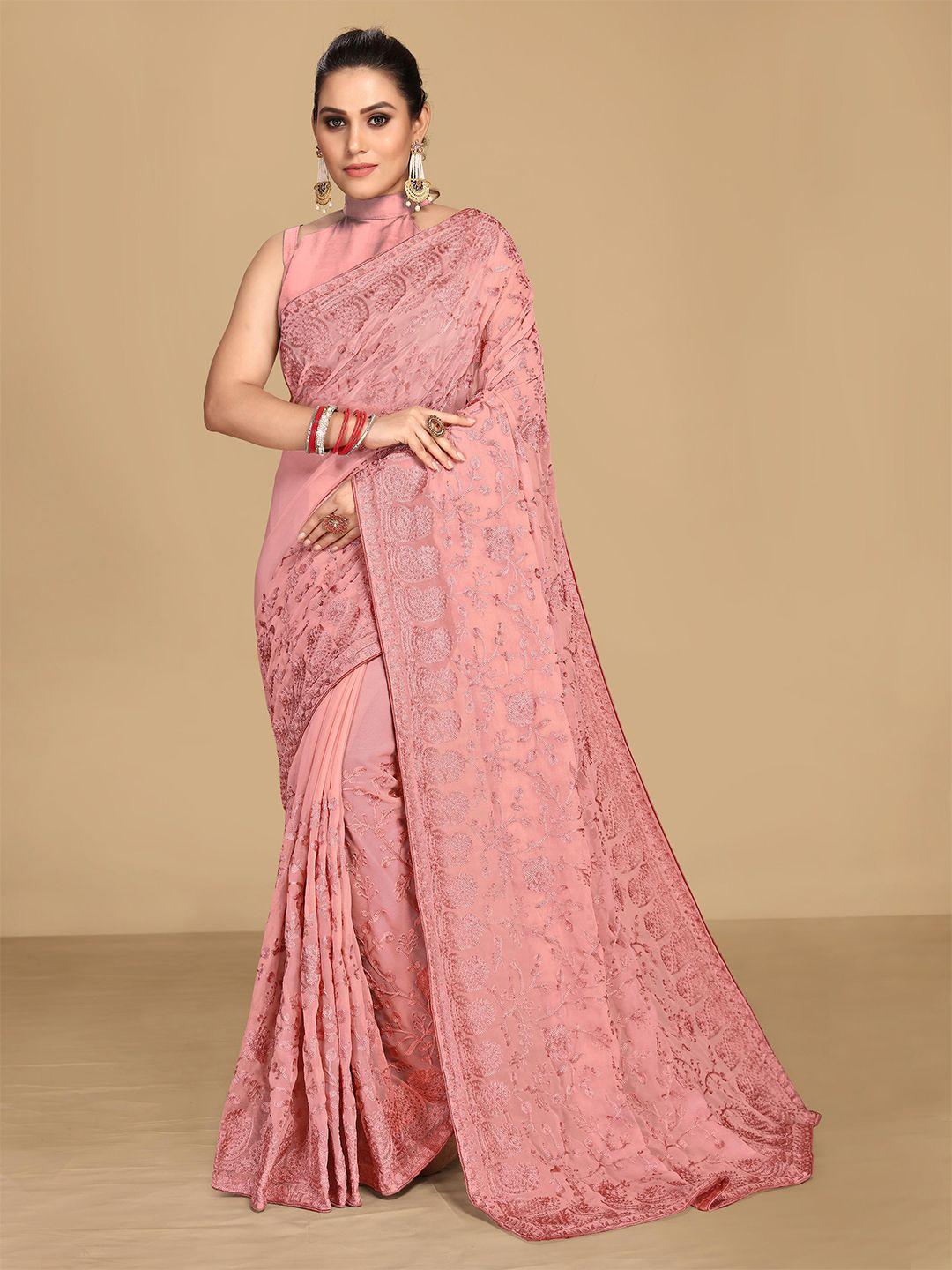 vairagee peach-coloured ethnic motifs embroidered net saree