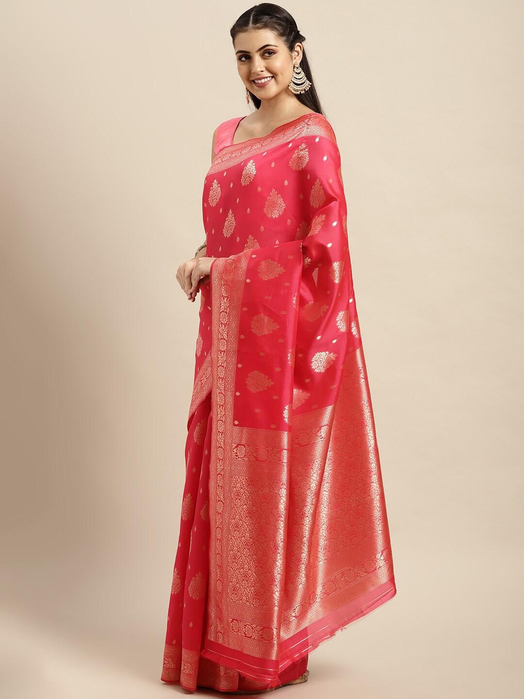 vairagee pink & golden ethnic motifs banarasi woven design saree