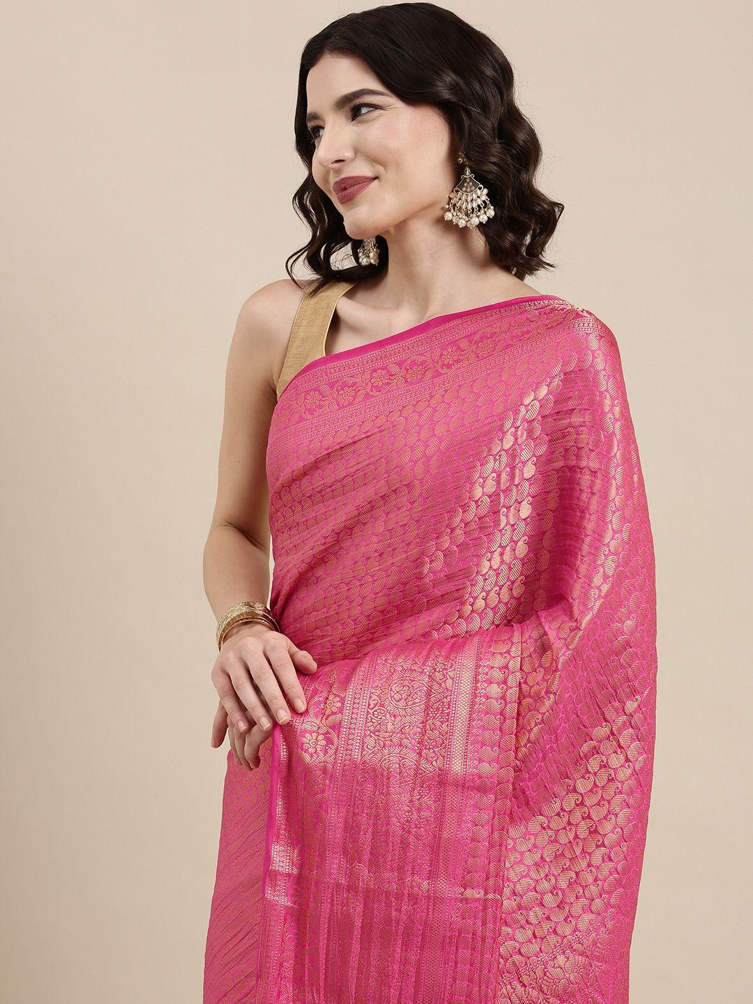 vairagee pink & golden ethnic motifs pure silk kanjeevaram saree