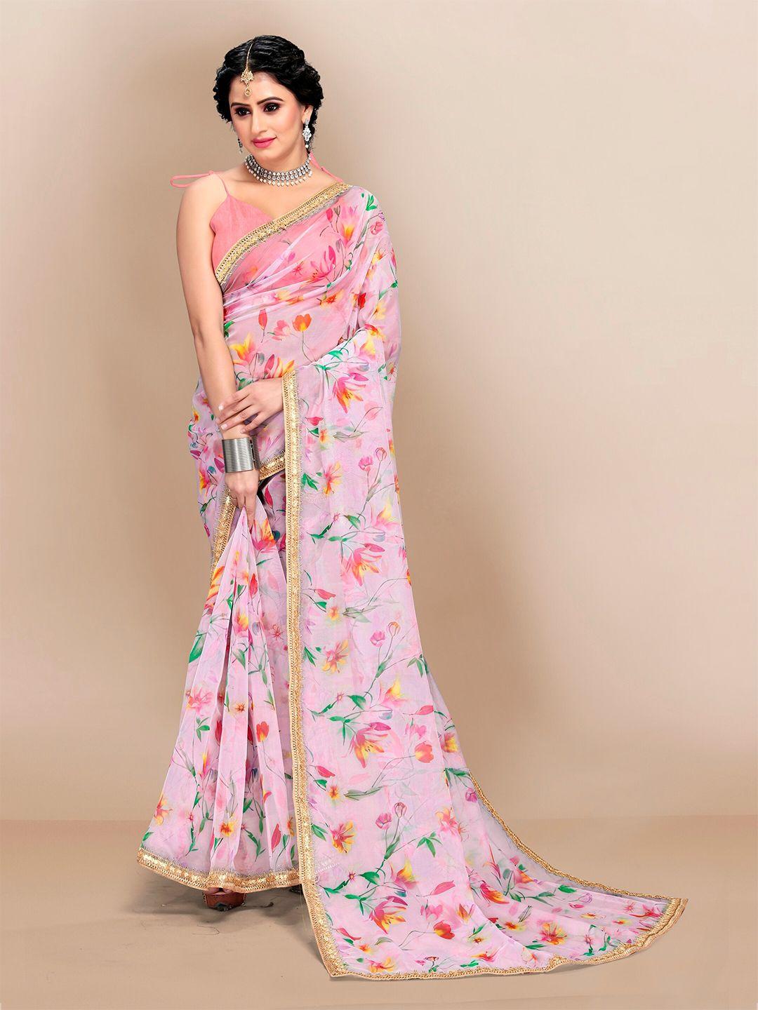 vairagee pink & green floral zari organza saree