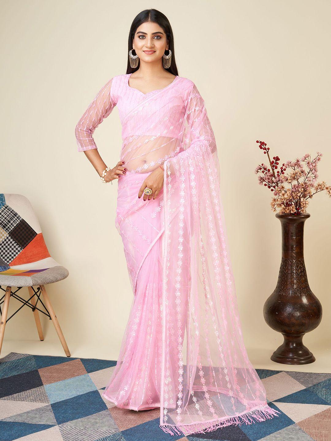 vairagee pink floral embroidered net saree