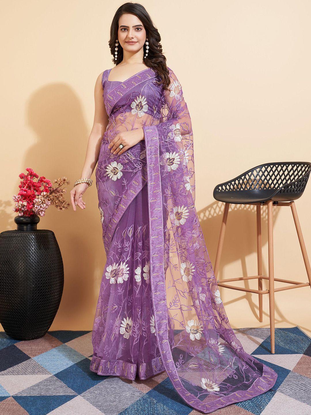 vairagee purple & white floral embroidered net saree